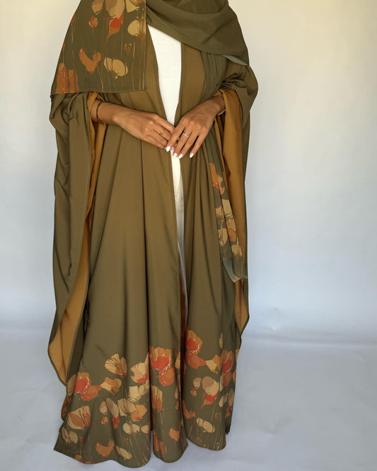 A274 - Green & Mustard Flower Abaya