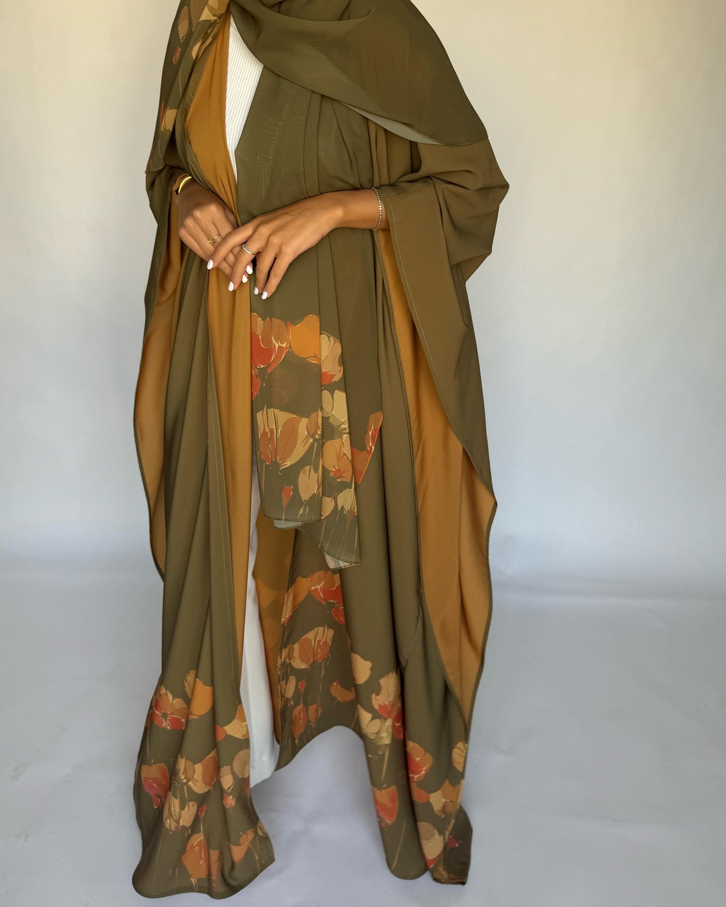 A274 - Green & Mustard Flower Abaya