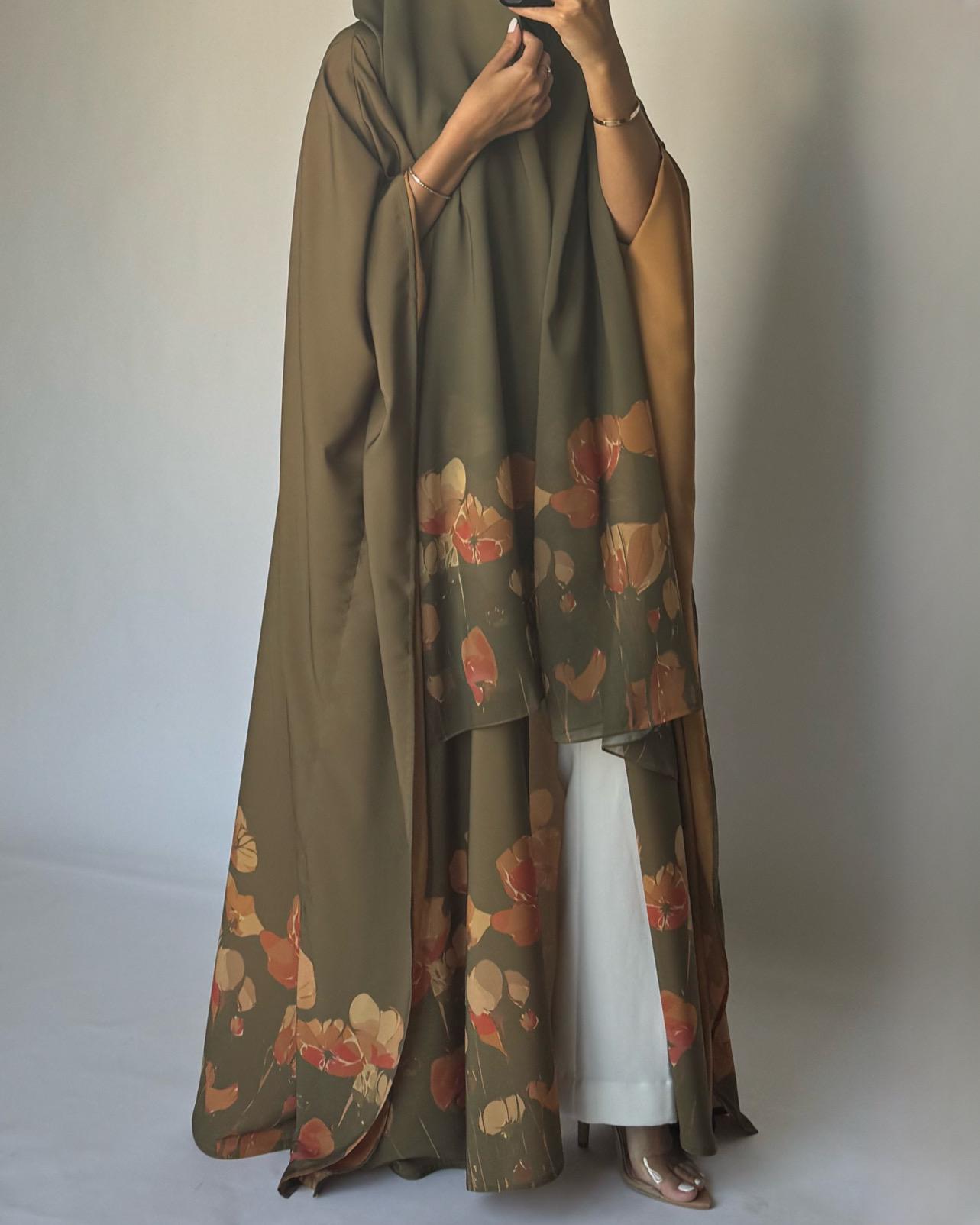 A274 - Green & Mustard Flower Abaya