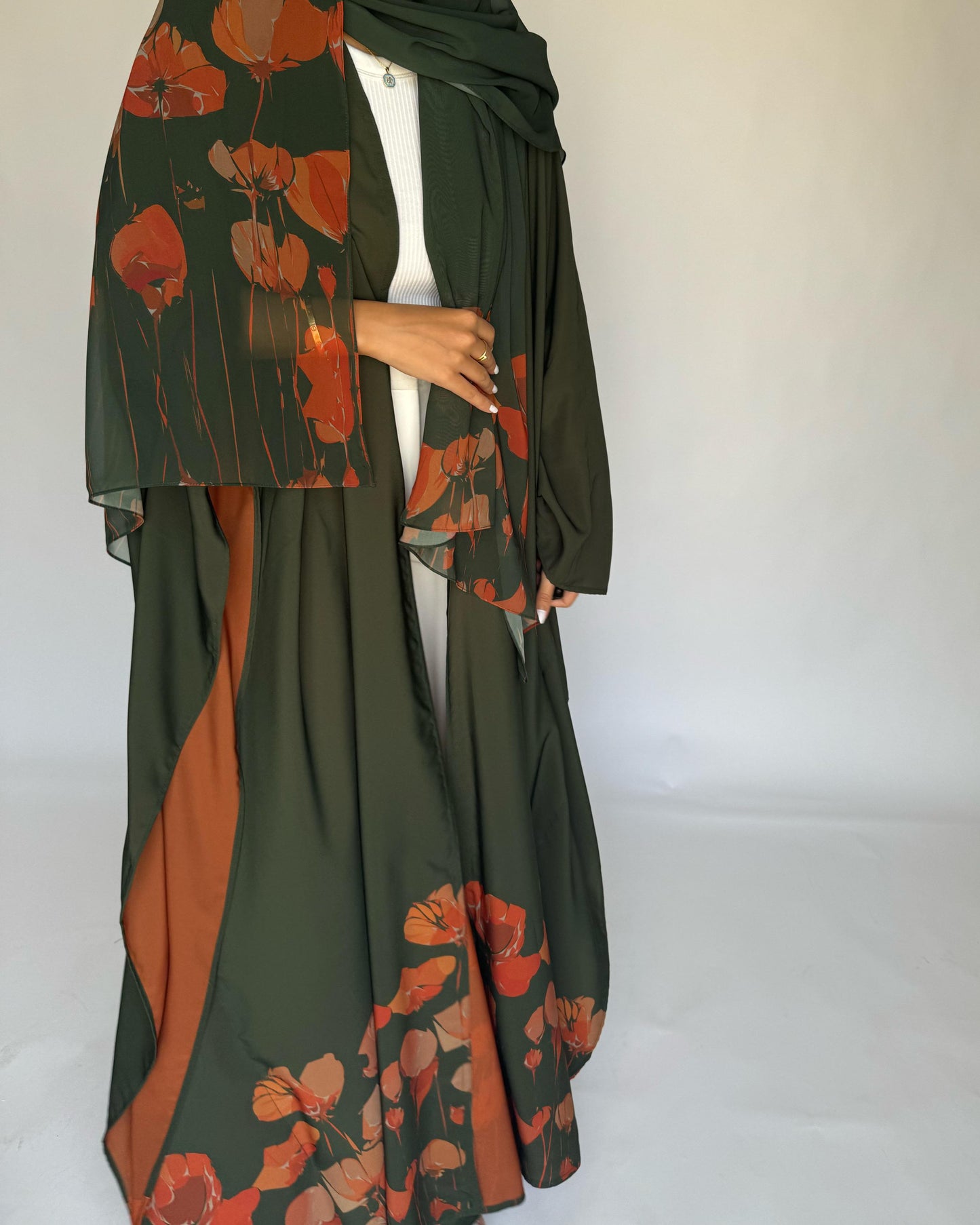 A270 -  Green & Orange Flower Abaya