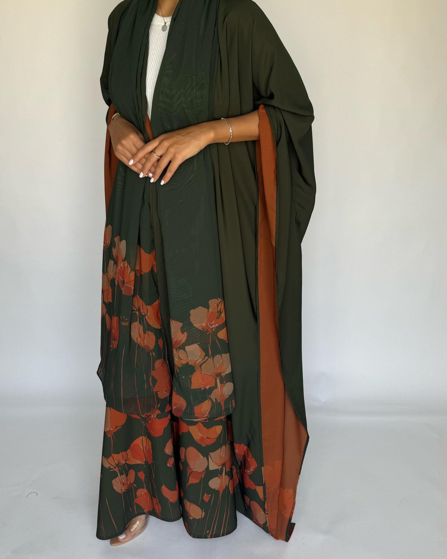 A270 -  Green & Orange Flower Abaya