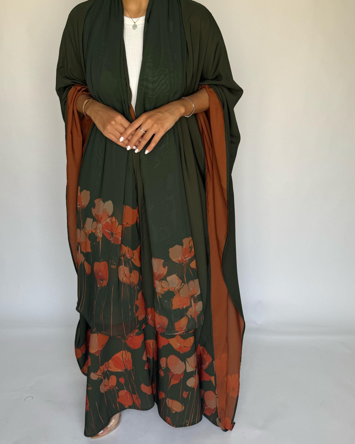 A270 -  Green & Orange Flower Abaya