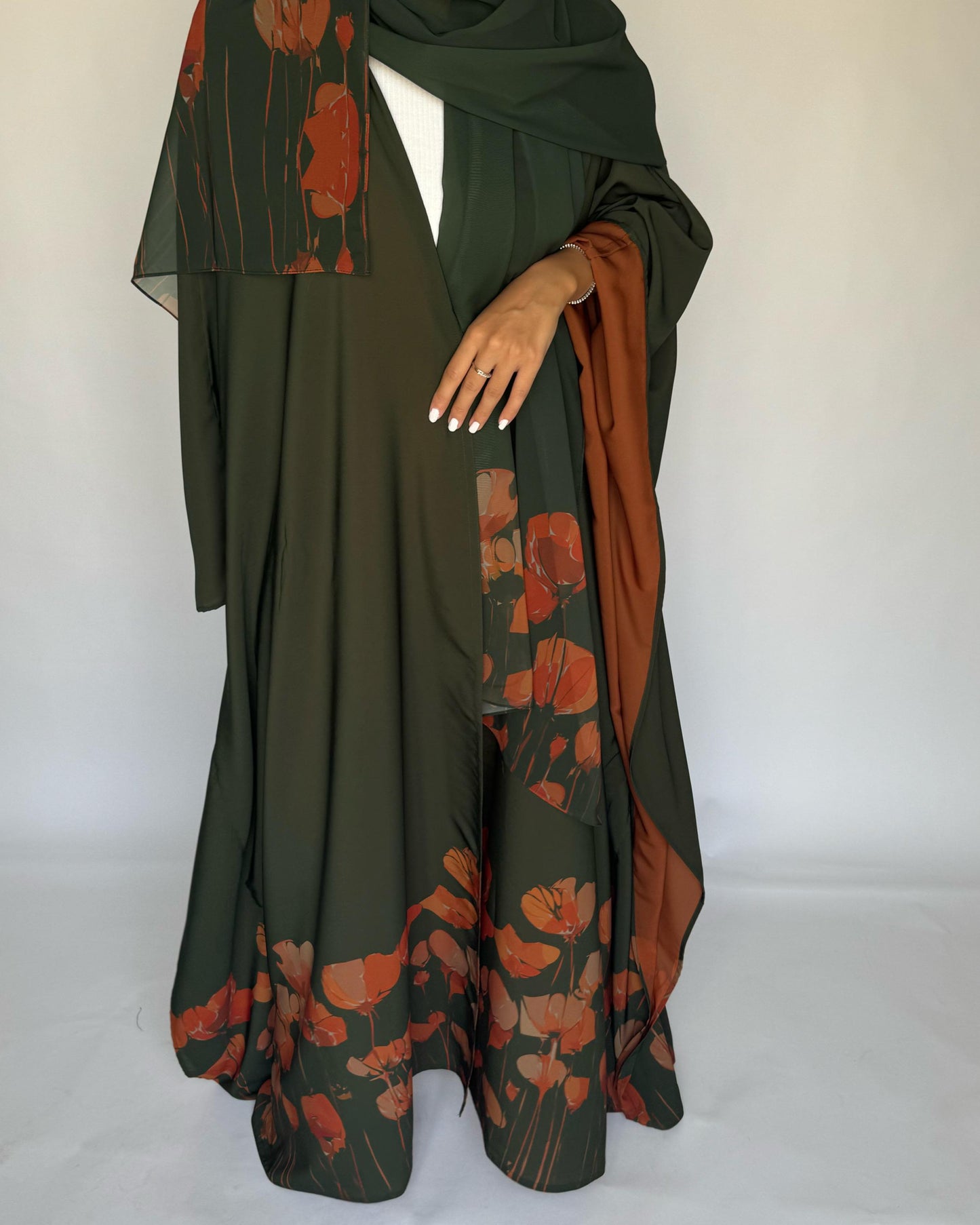 A270 -  Green & Orange Flower Abaya