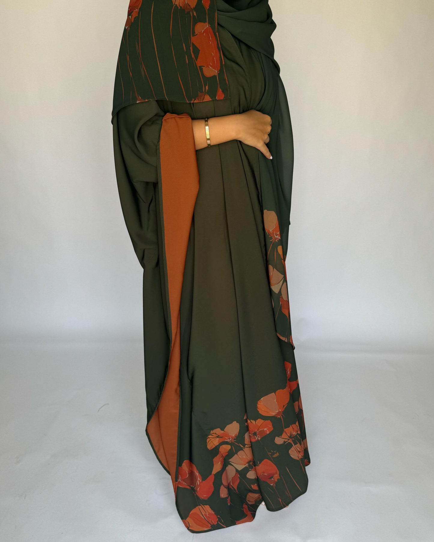 A270 -  Green & Orange Flower Abaya