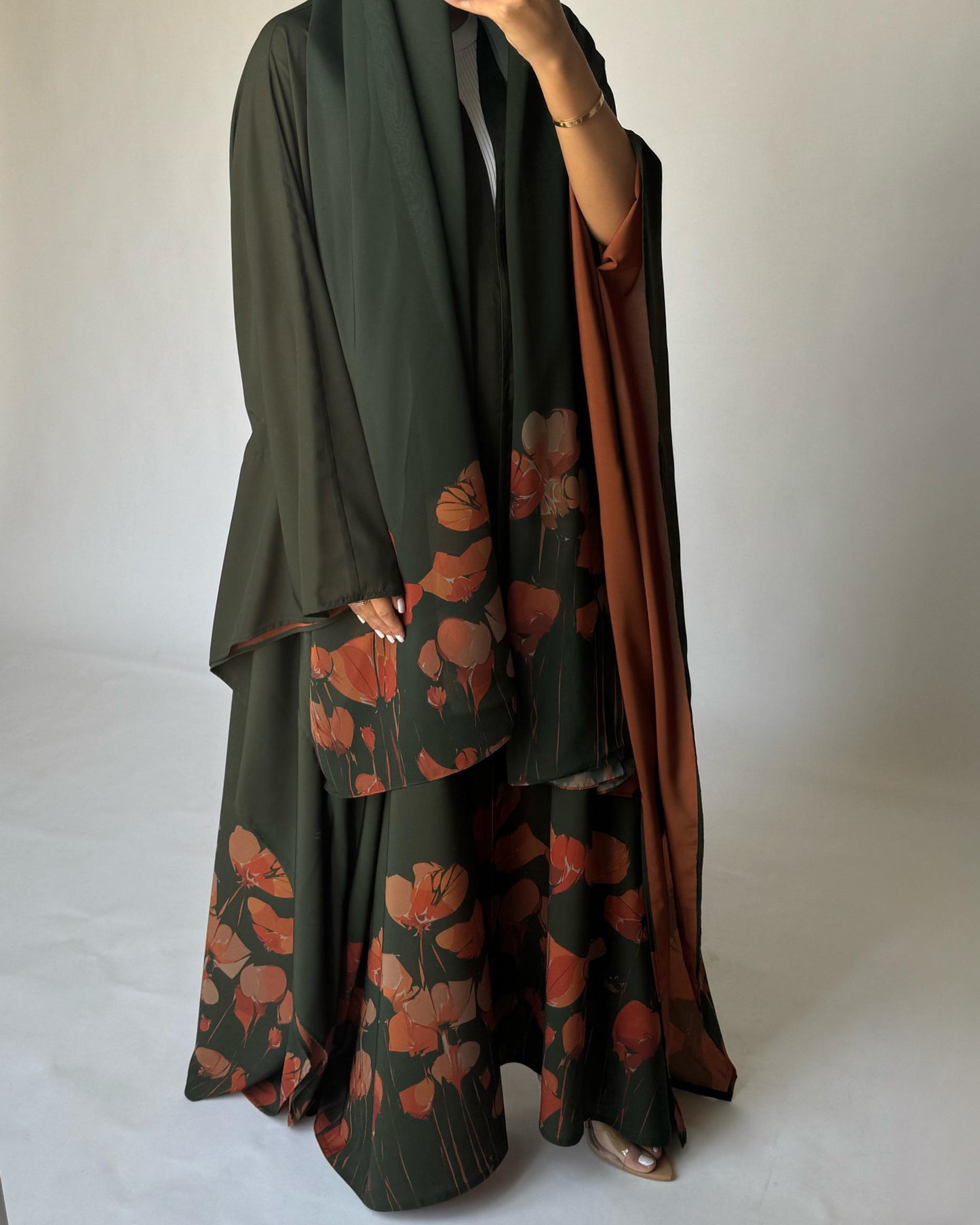 A270 -  Green & Orange Flower Abaya