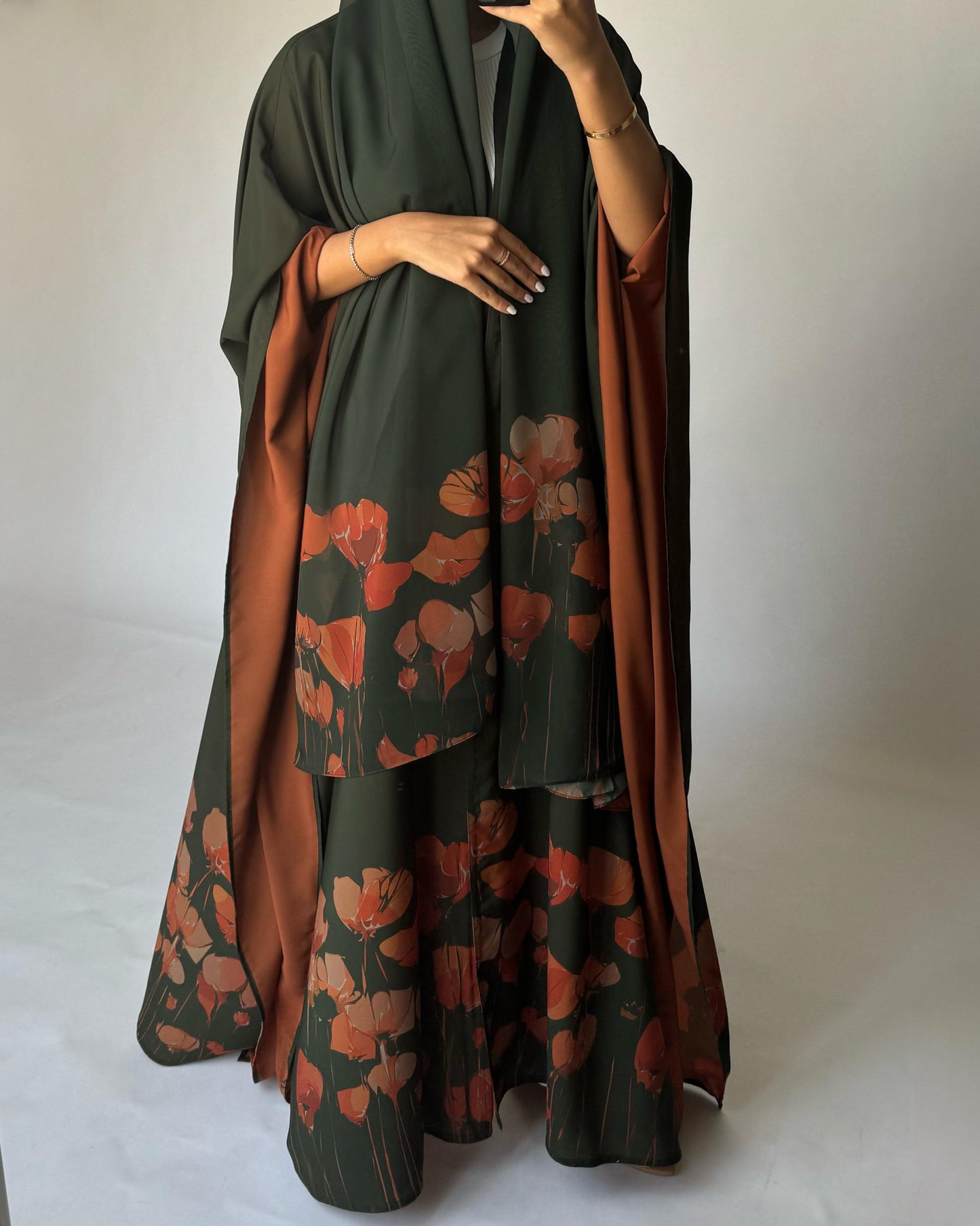 A270 -  Green & Orange Flower Abaya