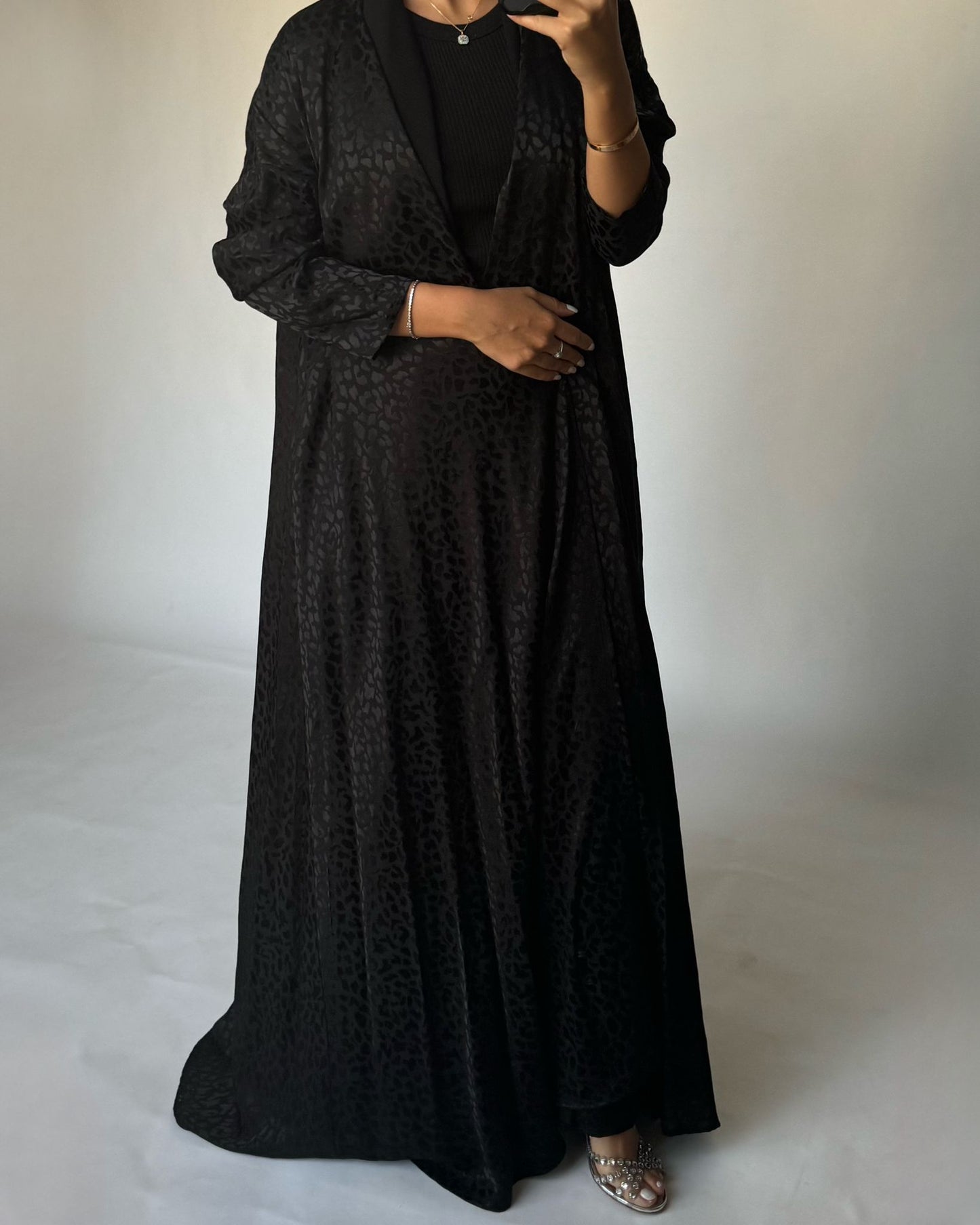 A230 - Leopard Print Black A-Cut Abaya