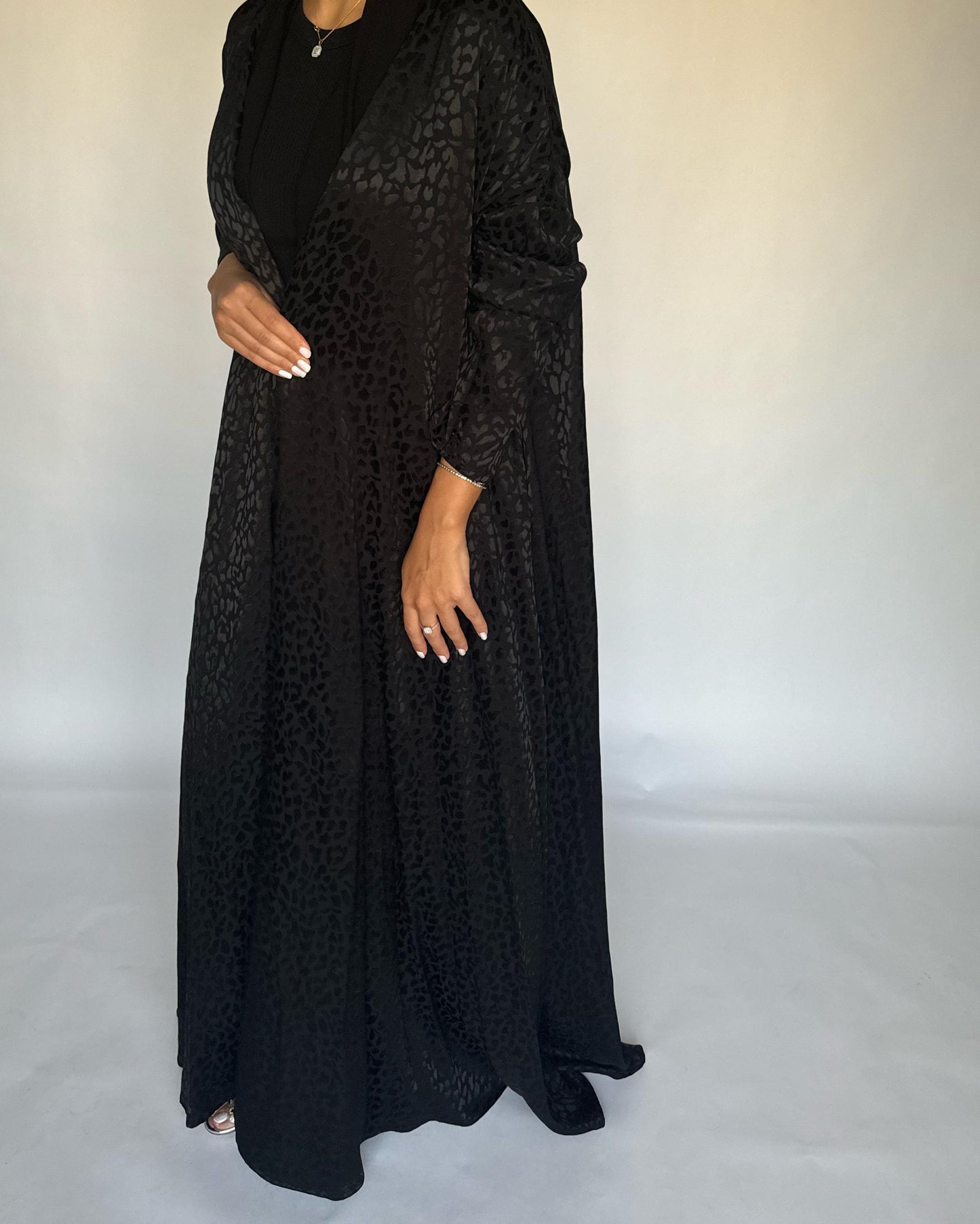 A230 - Leopard Print Black A-Cut Abaya