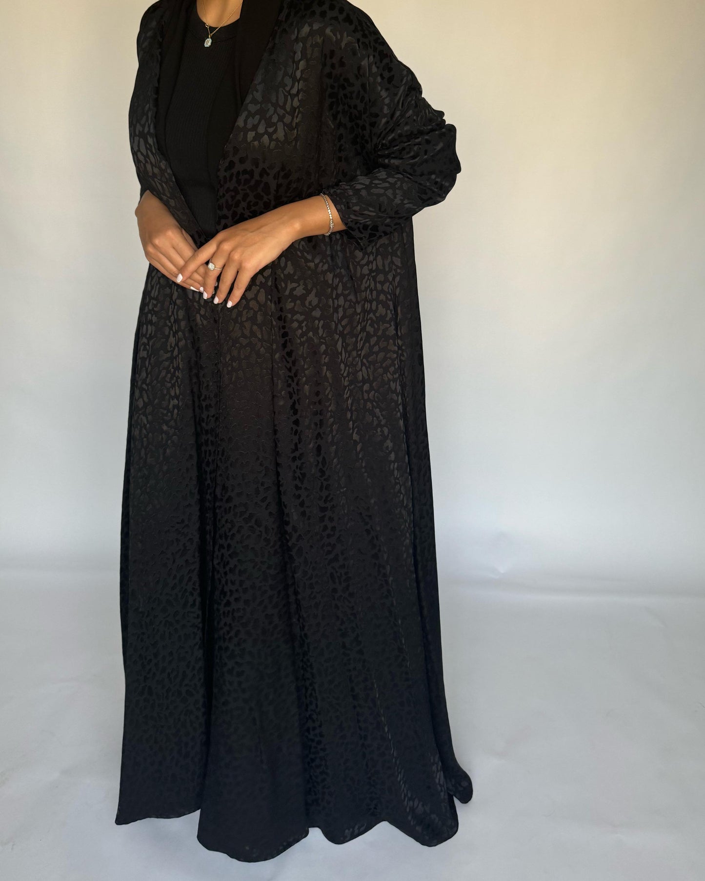 A230 - Leopard Print Black A-Cut Abaya