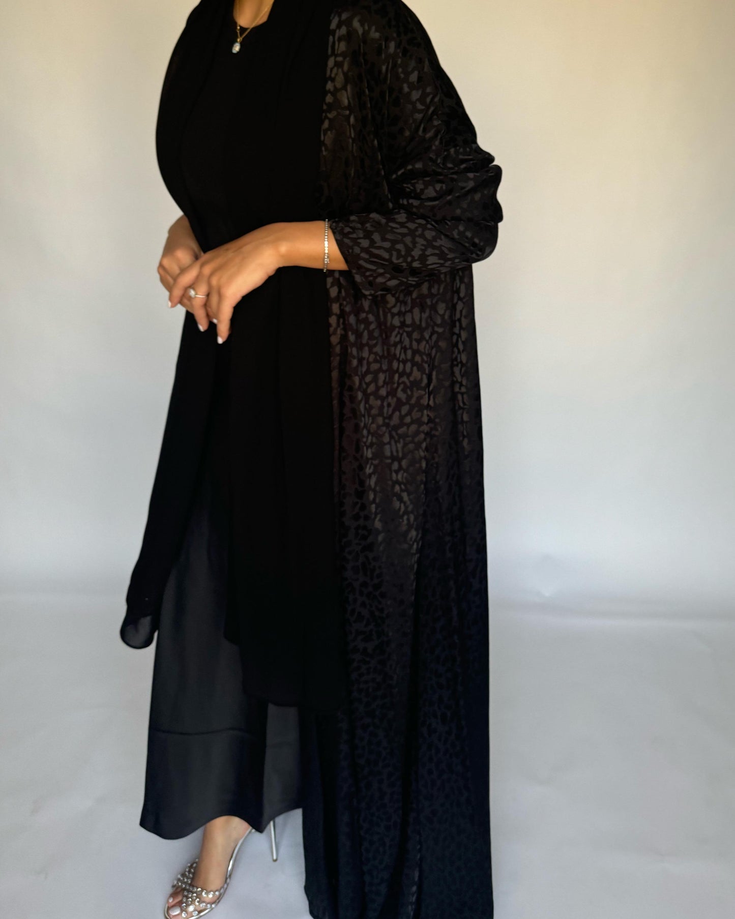 A230 - Leopard Print Black A-Cut Abaya