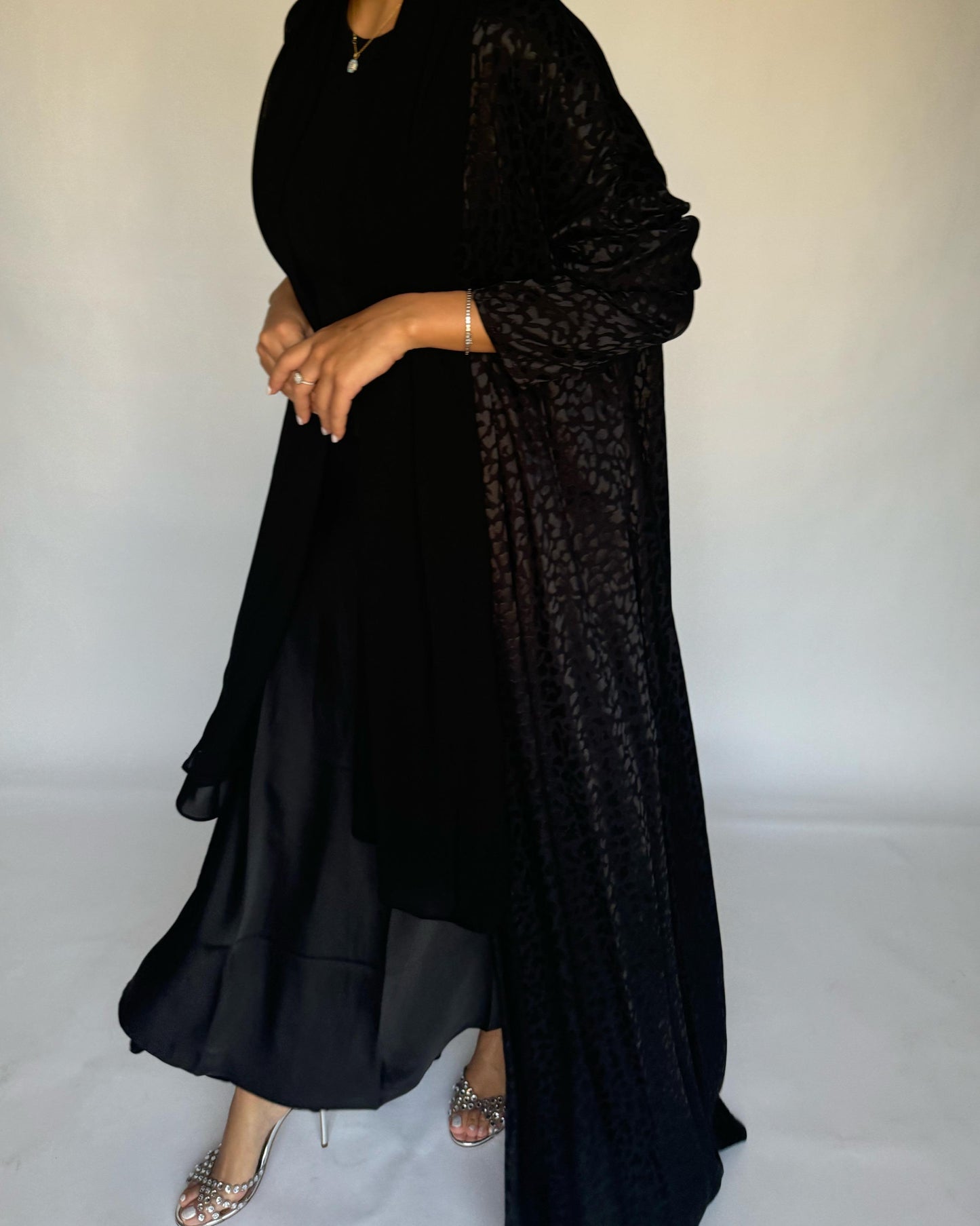 A230 - Leopard Print Black A-Cut Abaya