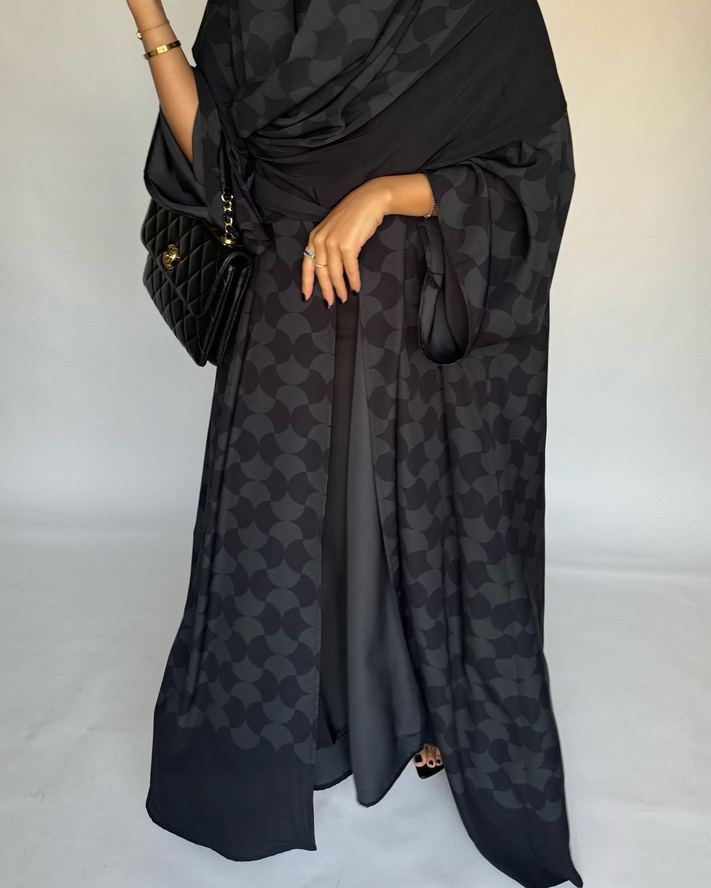 A279 - Black & Gray Half Bisht Pattern Abaya & Matching Head Scarf