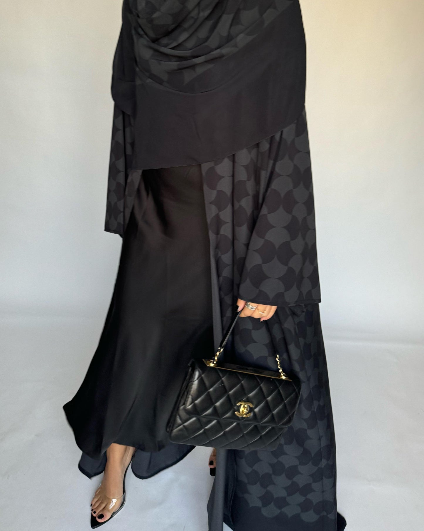 A279 - Black & Gray Half Bisht Pattern Abaya & Matching Head Scarf