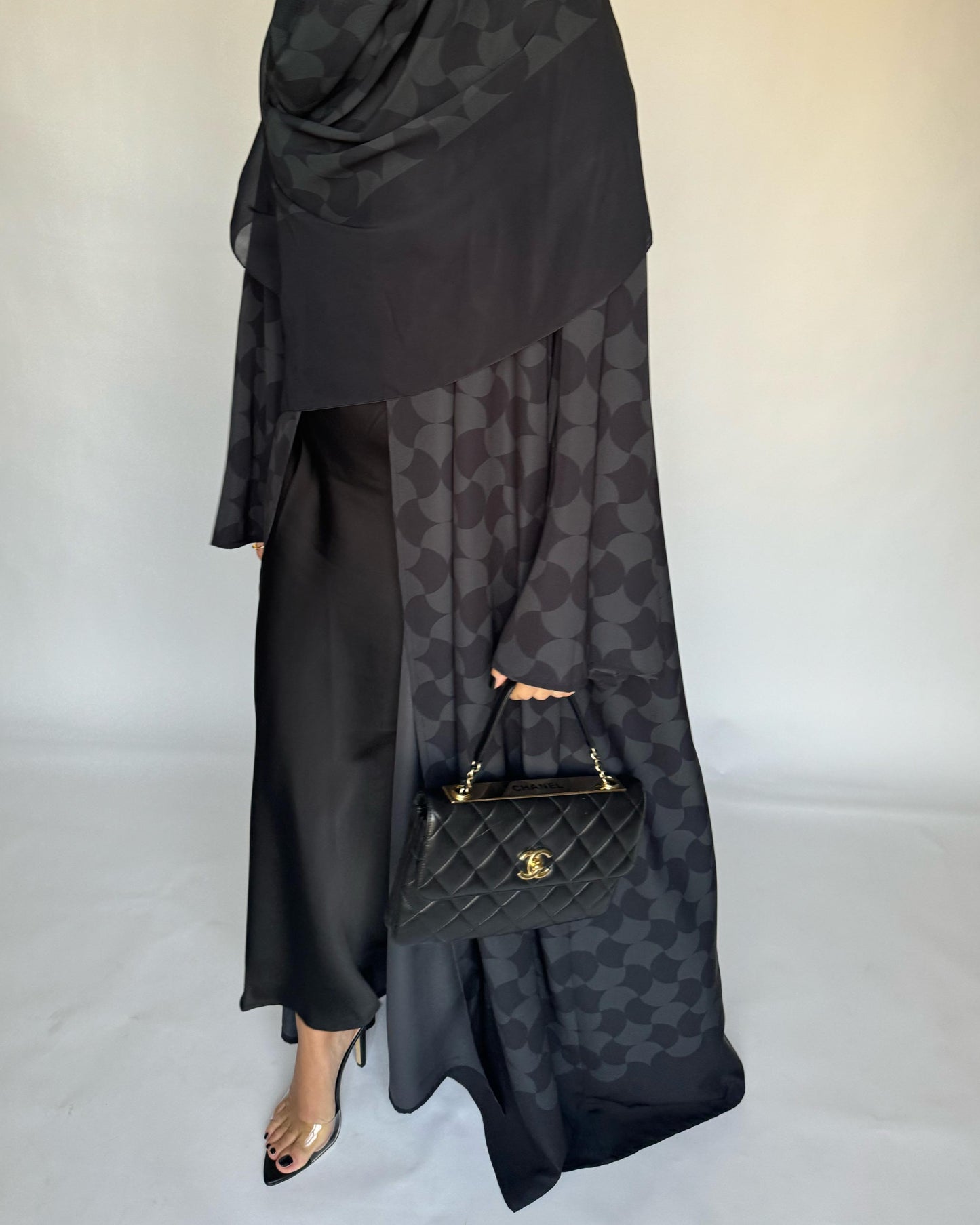 A279 - Black & Gray Half Bisht Pattern Abaya & Matching Head Scarf