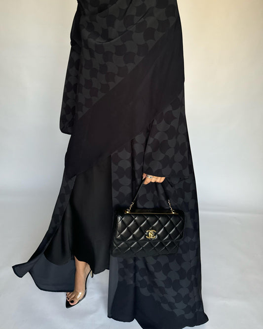 A279 - Black & Gray Half Bisht Pattern Abaya & Matching Head Scarf