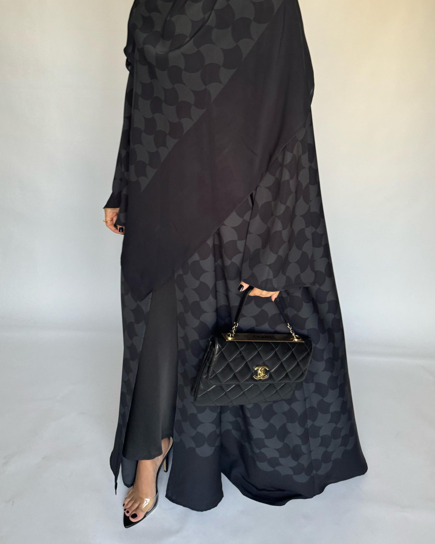 A279 - Black & Gray Half Bisht Pattern Abaya & Matching Head Scarf