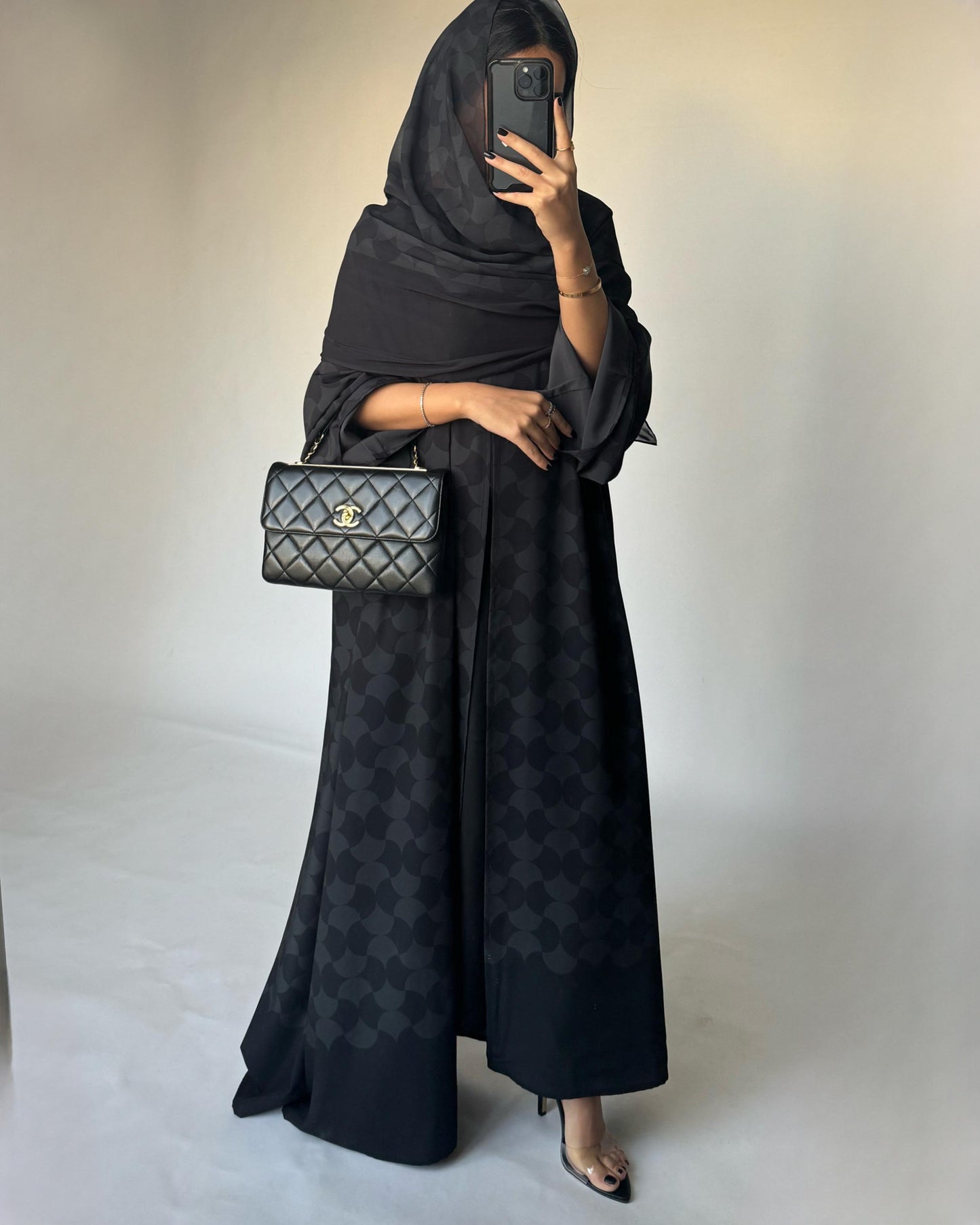 A279 - Black & Gray Half Bisht Pattern Abaya & Matching Head Scarf