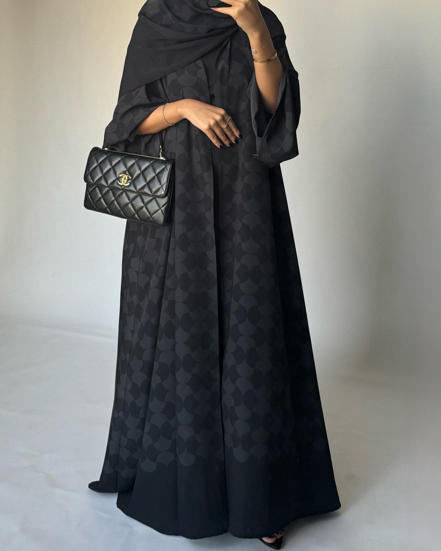 A279 - Black & Gray Half Bisht Pattern Abaya & Matching Head Scarf