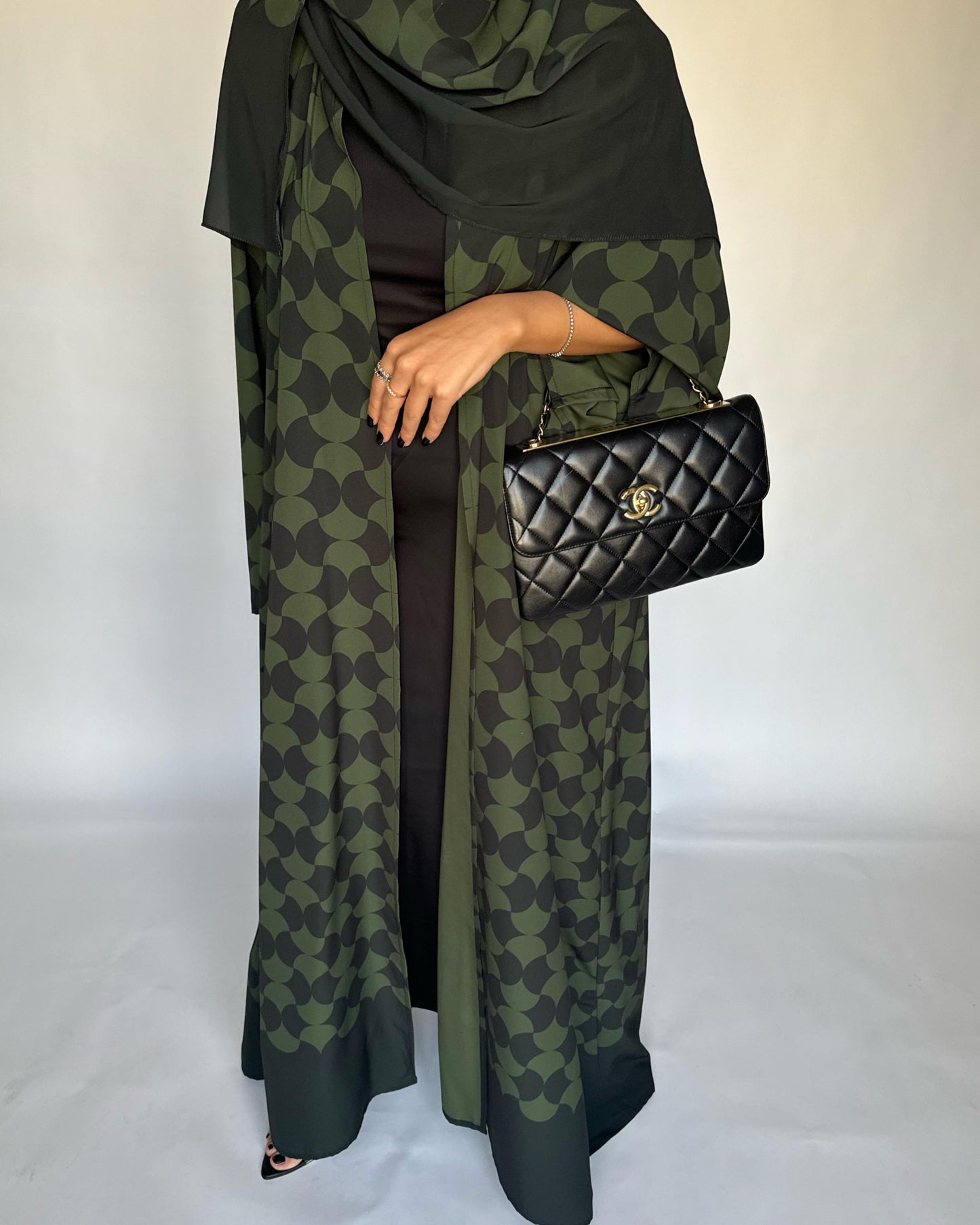 A280 - Shades of  Olive Green Half Bisht Pattern Abaya & Matching Head Scarf