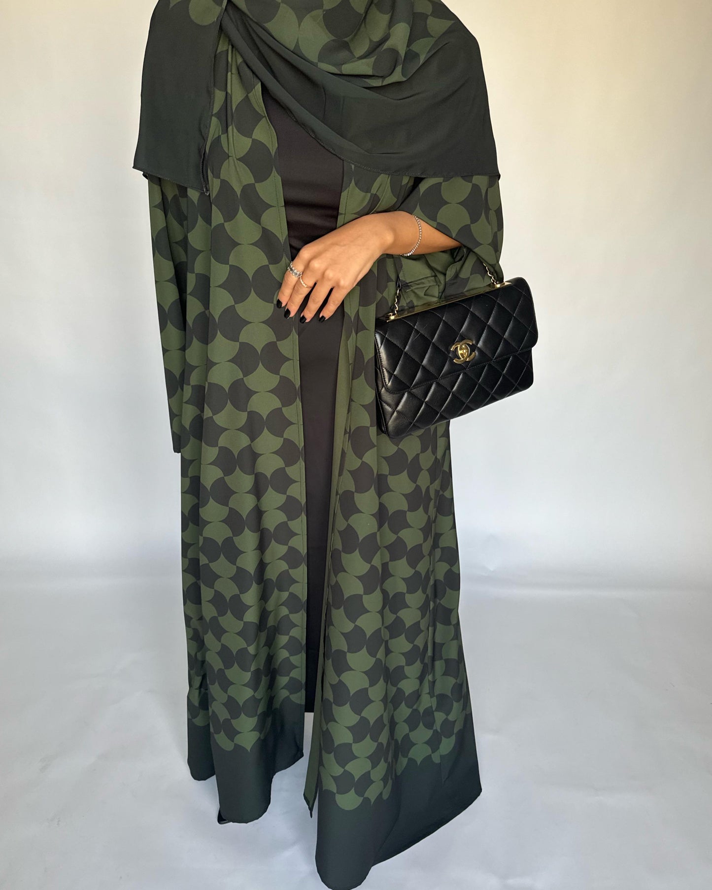 A280 - Shades of  Olive Green Half Bisht Pattern Abaya & Matching Head Scarf