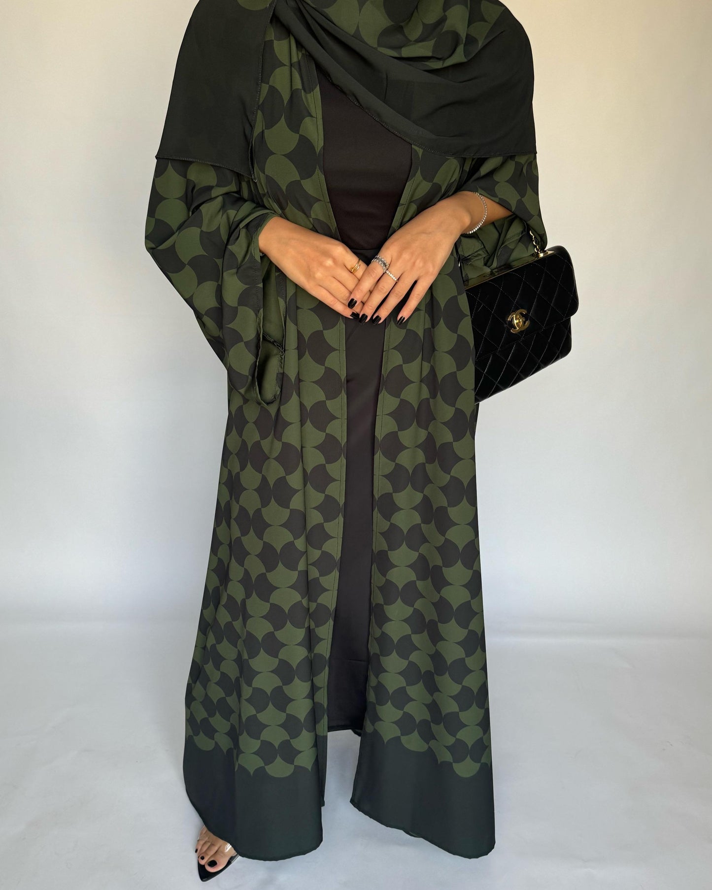 A280 - Shades of  Olive Green Half Bisht Pattern Abaya & Matching Head Scarf