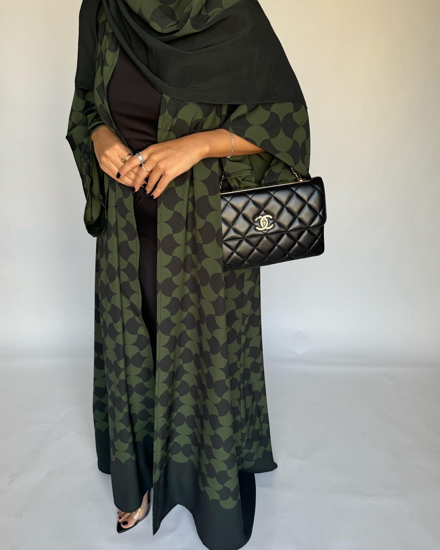 A280 - Shades of  Olive Green Half Bisht Pattern Abaya & Matching Head Scarf