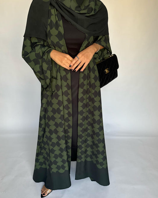 A280 - Shades of  Olive Green Half Bisht Pattern Abaya & Matching Head Scarf