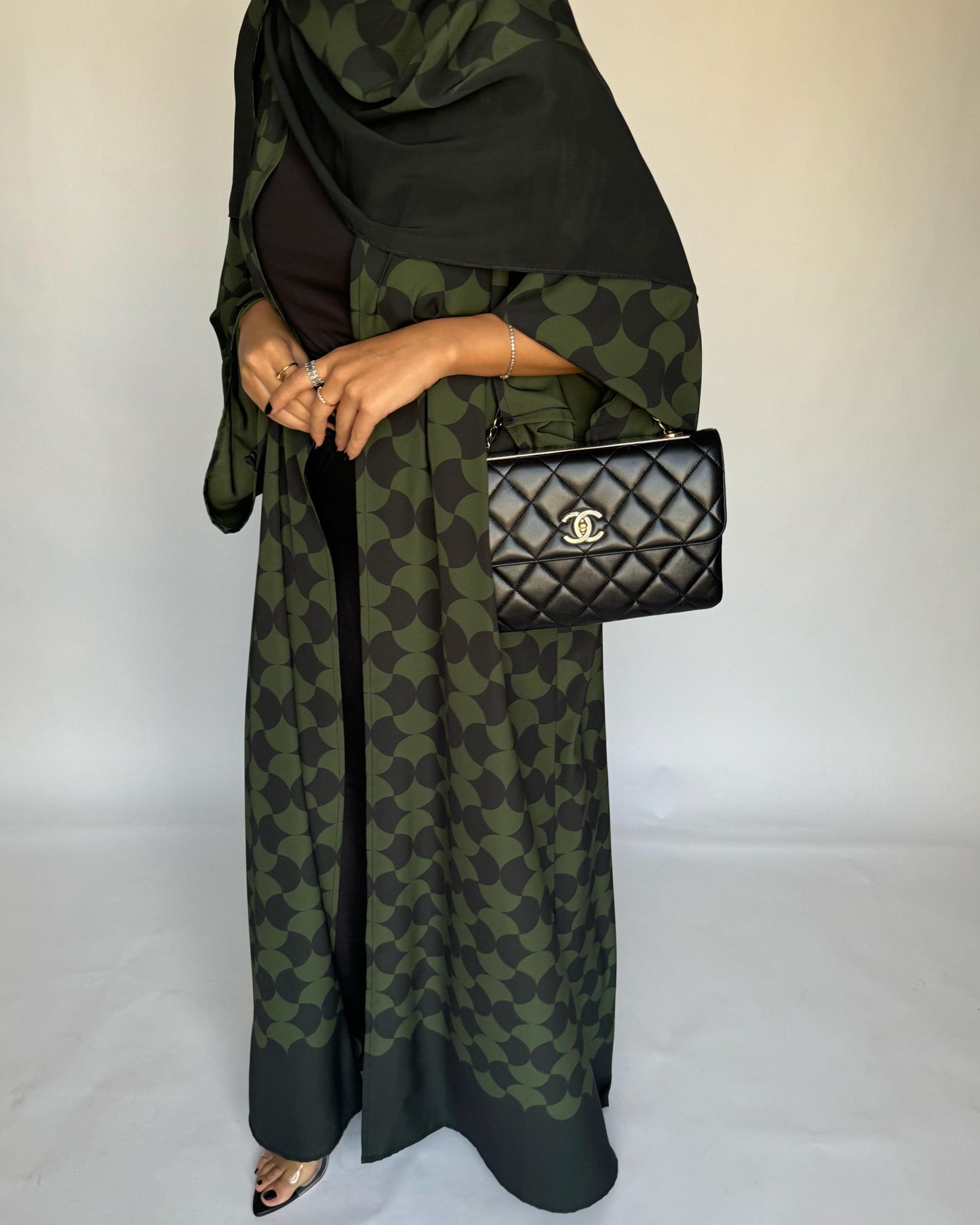 A280 - Shades of  Olive Green Half Bisht Pattern Abaya & Matching Head Scarf