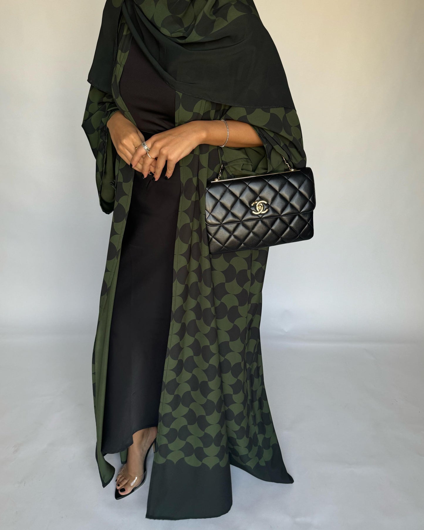 A280 - Shades of  Olive Green Half Bisht Pattern Abaya & Matching Head Scarf