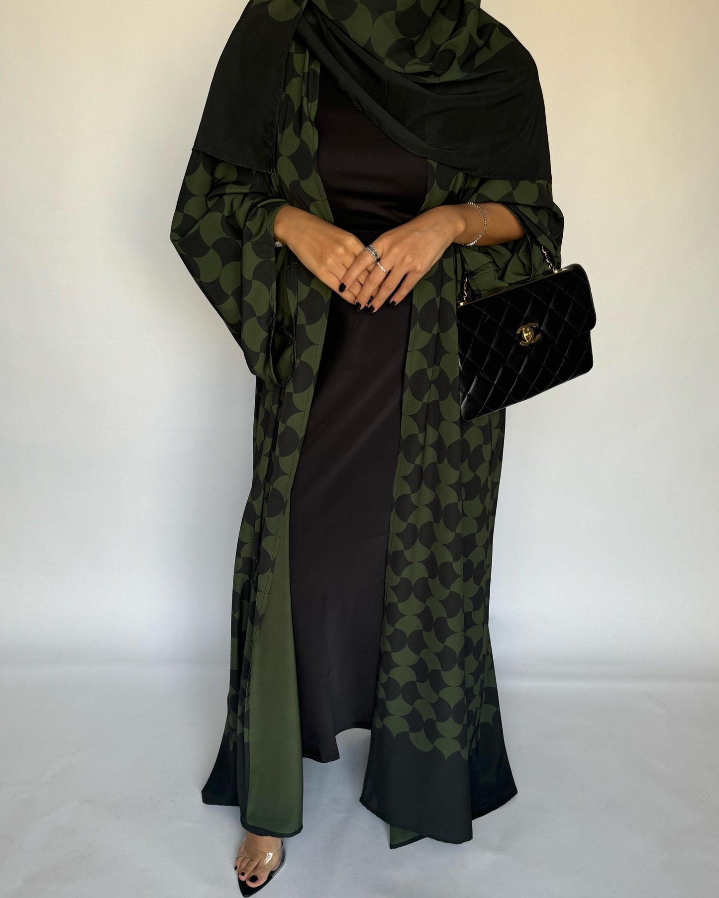 A280 - Shades of  Olive Green Half Bisht Pattern Abaya & Matching Head Scarf