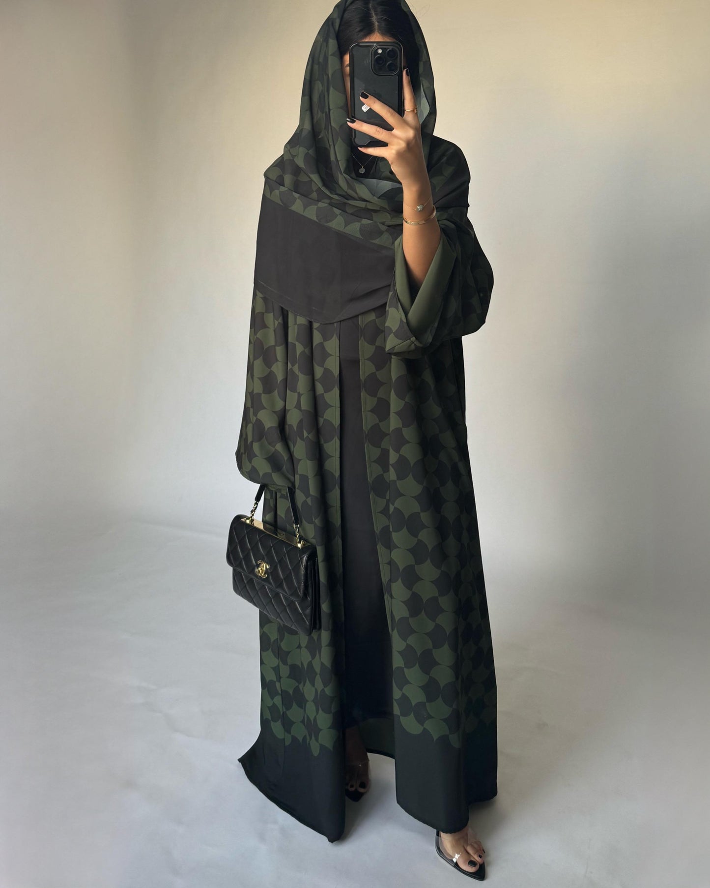 A280 - Shades of  Olive Green Half Bisht Pattern Abaya & Matching Head Scarf