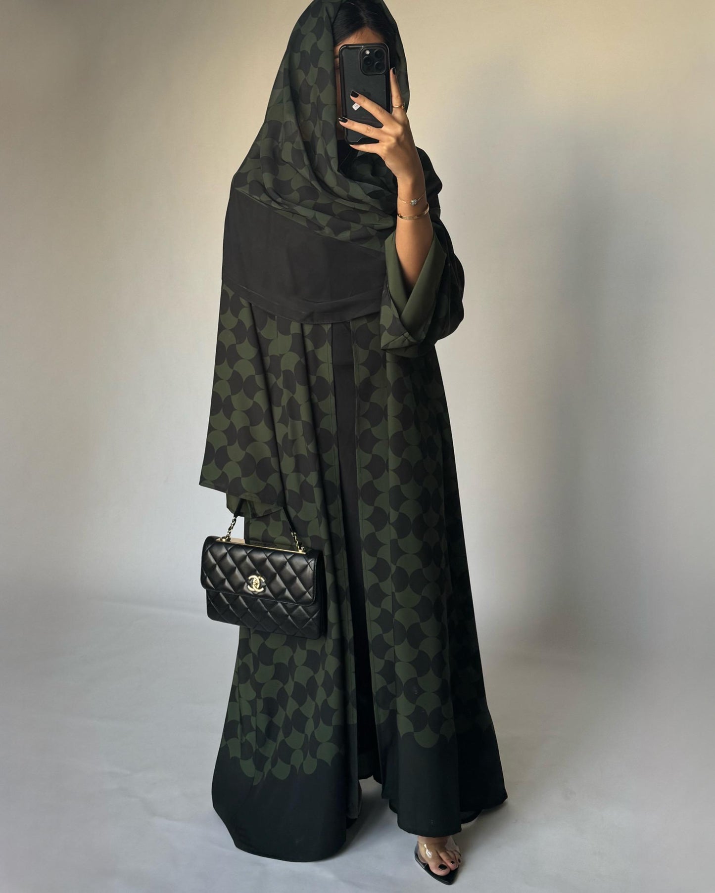 A280 - Shades of  Olive Green Half Bisht Pattern Abaya & Matching Head Scarf