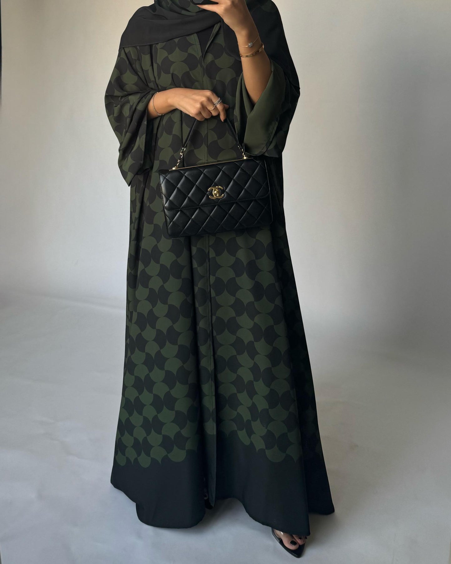 A280 - Shades of  Olive Green Half Bisht Pattern Abaya & Matching Head Scarf