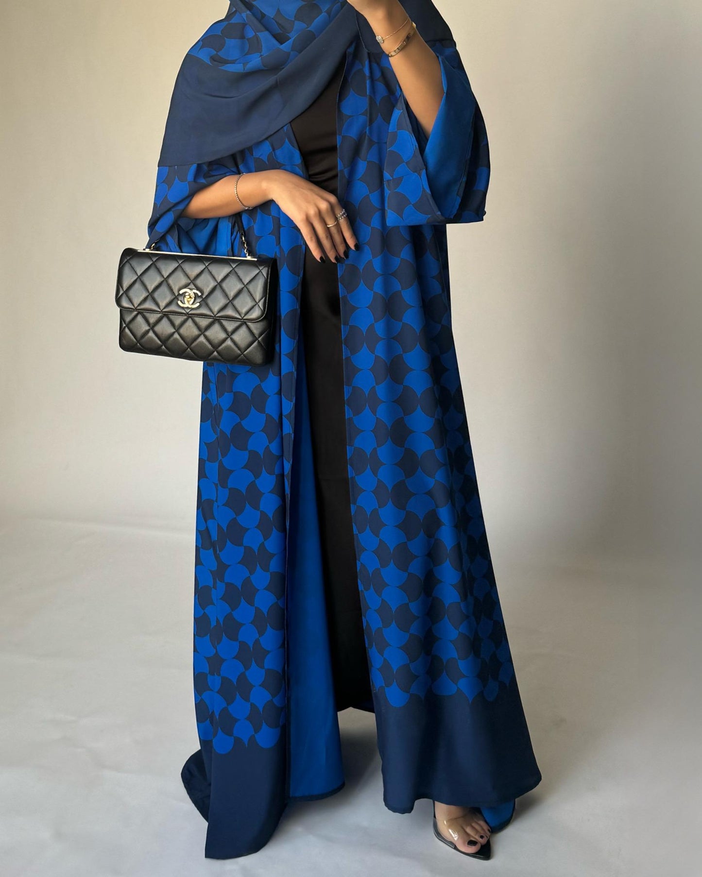 A278 - Shades of Blue Half Bisht Pattern Abaya & Matching Head Scarf