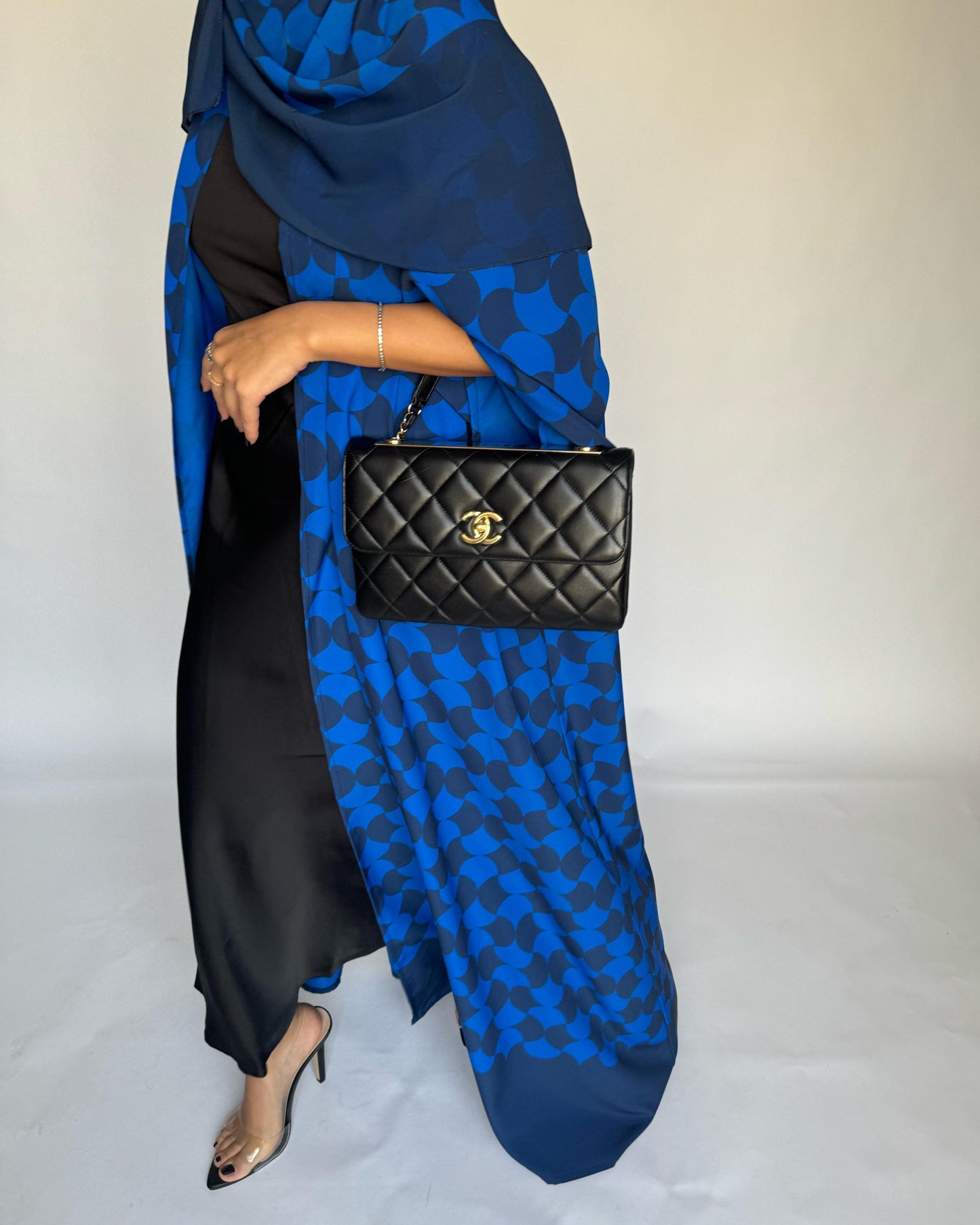 A278 - Shades of Blue Half Bisht Pattern Abaya & Matching Head Scarf