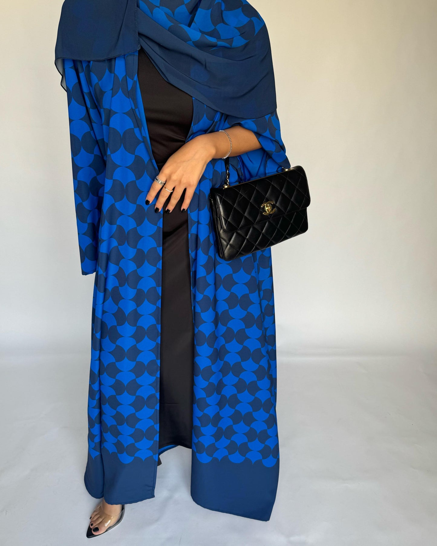 A278 - Shades of Blue Half Bisht Pattern Abaya & Matching Head Scarf