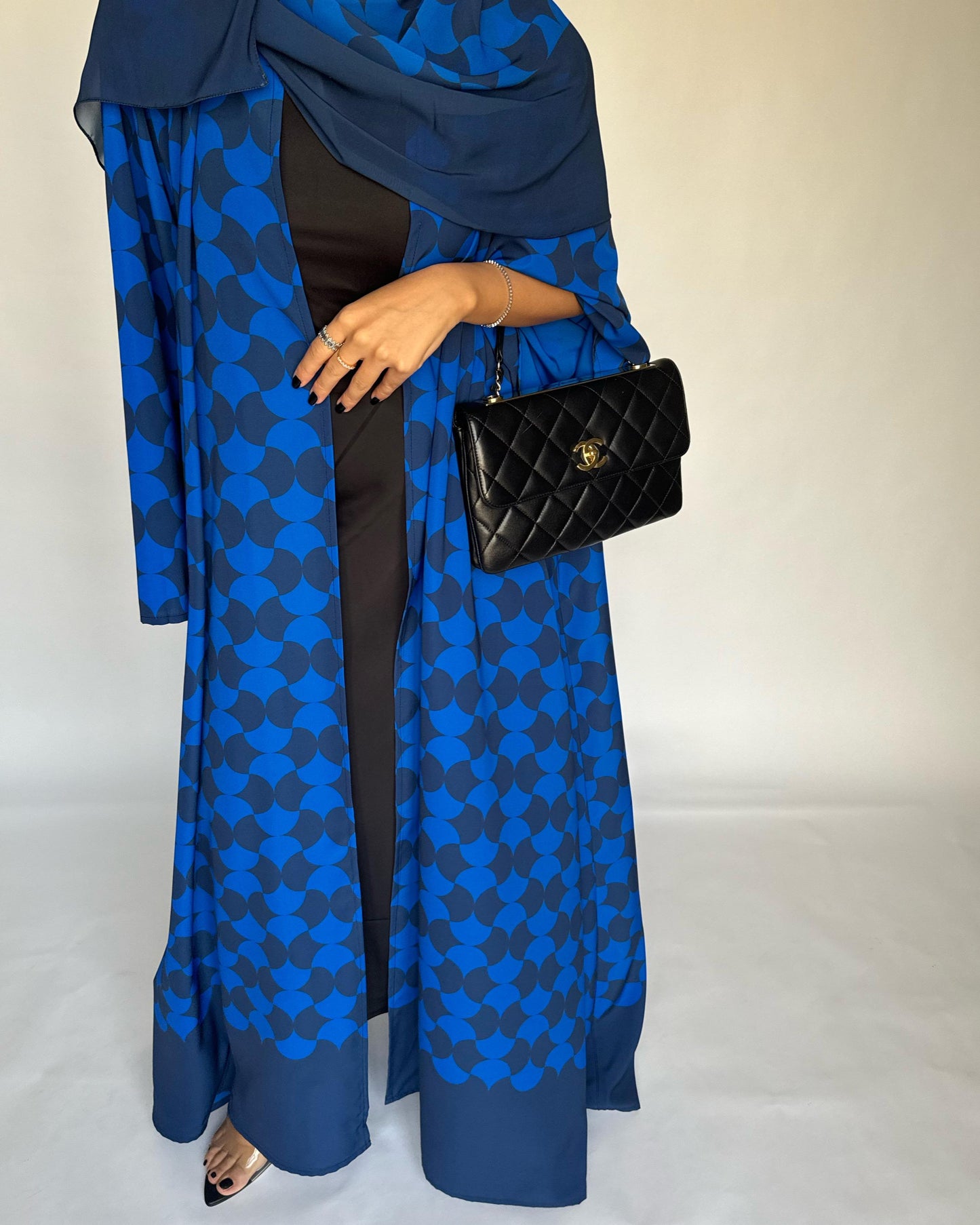 A278 - Shades of Blue Half Bisht Pattern Abaya & Matching Head Scarf