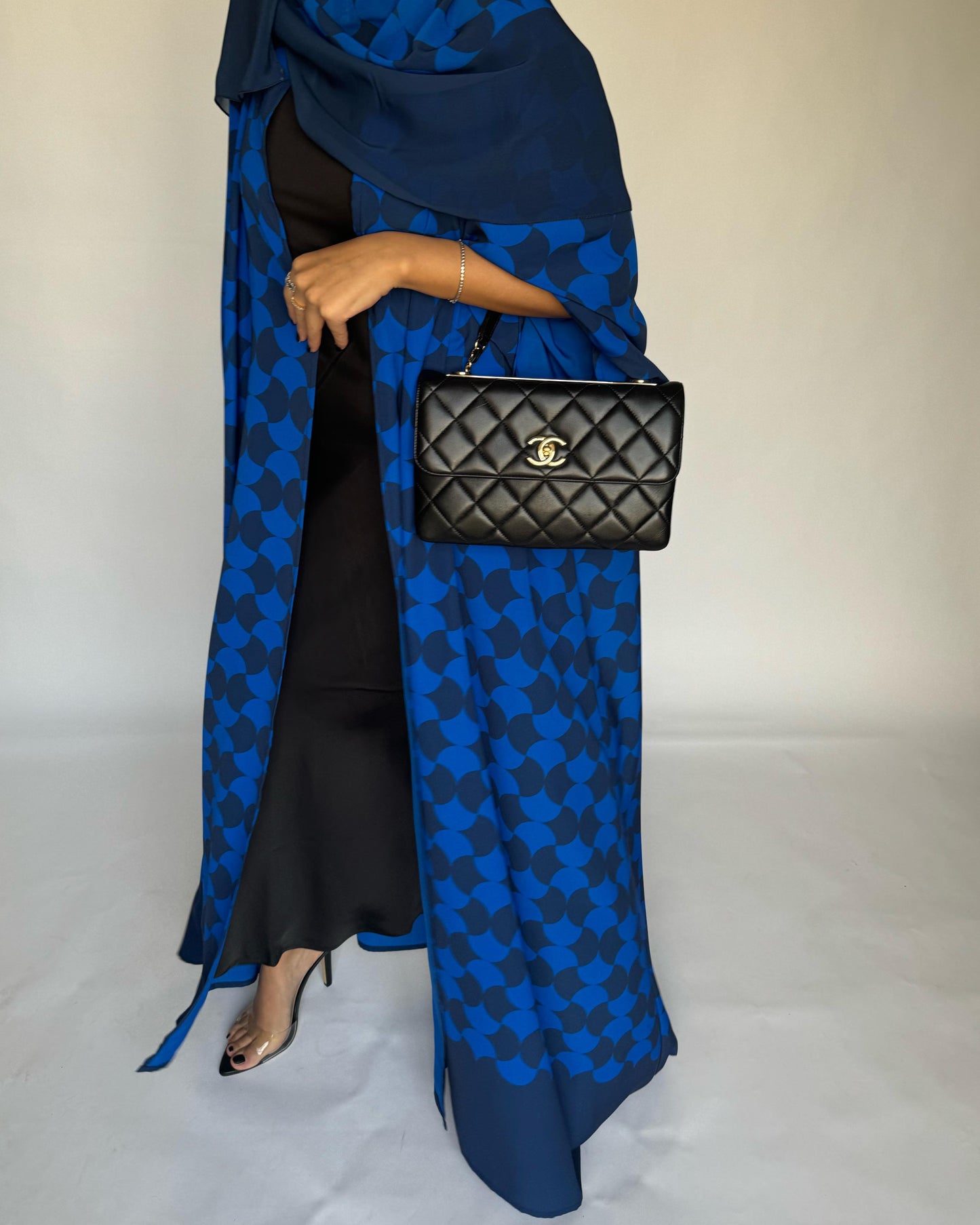 A278 - Shades of Blue Half Bisht Pattern Abaya & Matching Head Scarf