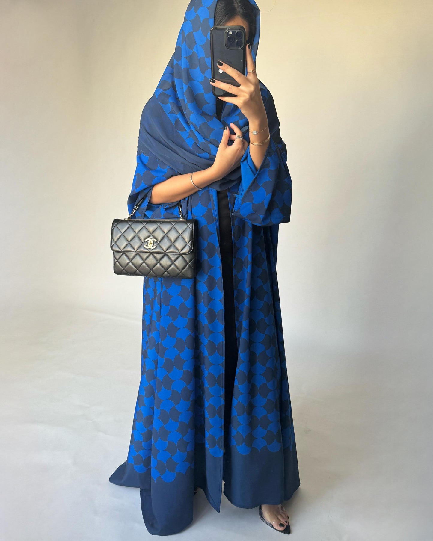 A278 - Shades of Blue Half Bisht Pattern Abaya & Matching Head Scarf