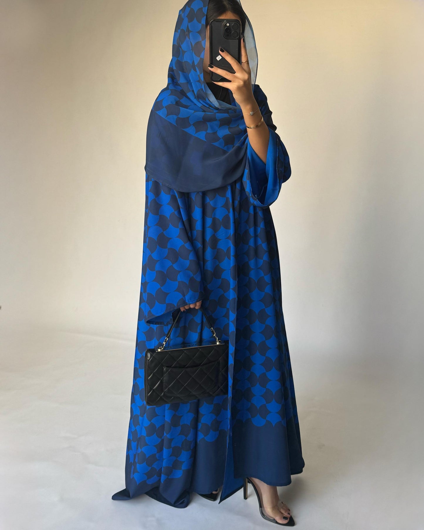 A278 - Shades of Blue Half Bisht Pattern Abaya & Matching Head Scarf