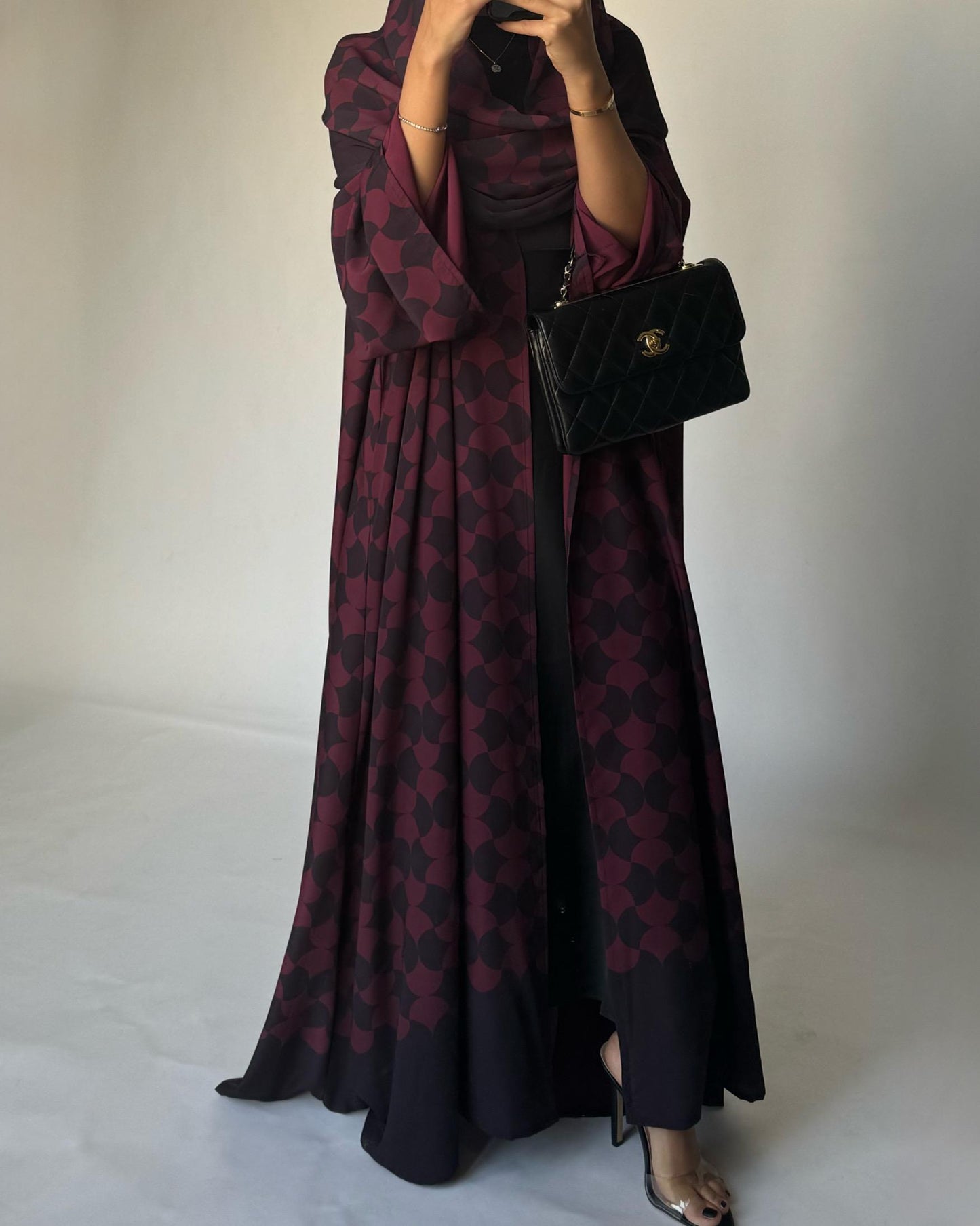 A282 - Shades of Burgundy/ Maroon Half Bisht Pattern Abaya & Matching Head Scarf