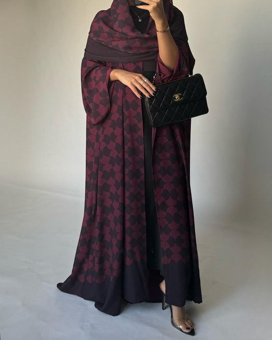 A282 - Shades of Burgundy/ Maroon Half Bisht Pattern Abaya & Matching Head Scarf