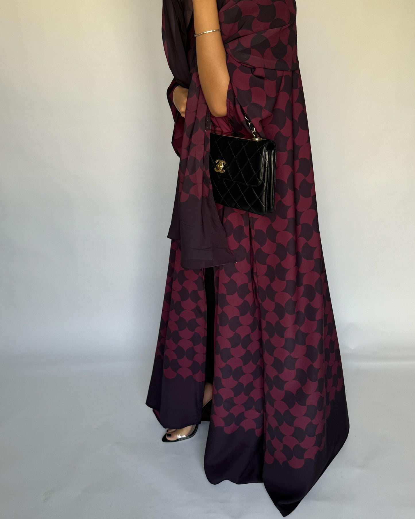 A282 - Shades of Burgundy/ Maroon Half Bisht Pattern Abaya & Matching Head Scarf