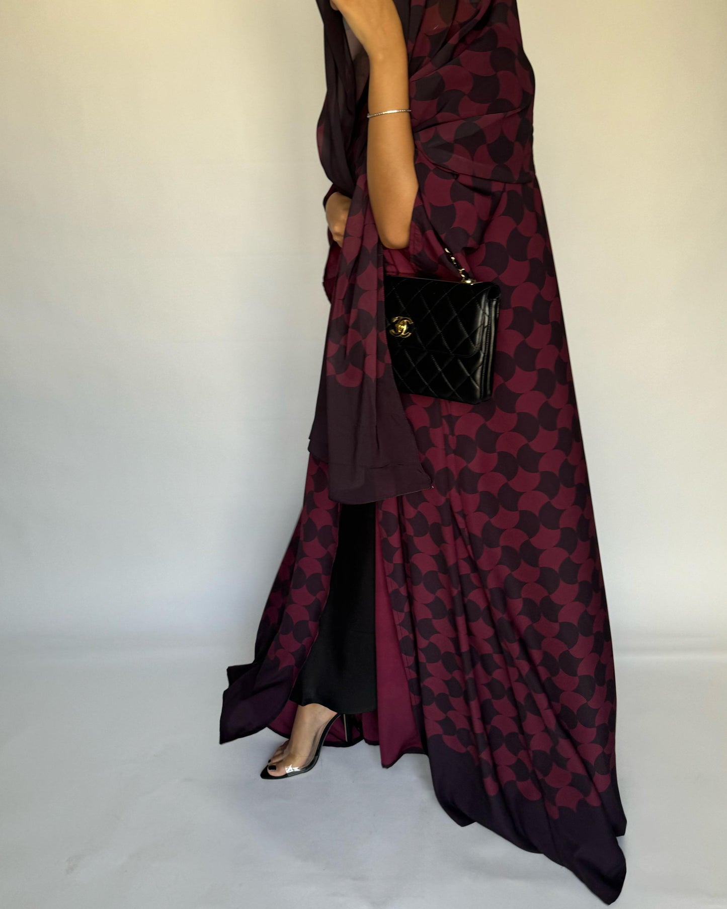 A282 - Shades of Burgundy/ Maroon Half Bisht Pattern Abaya & Matching Head Scarf