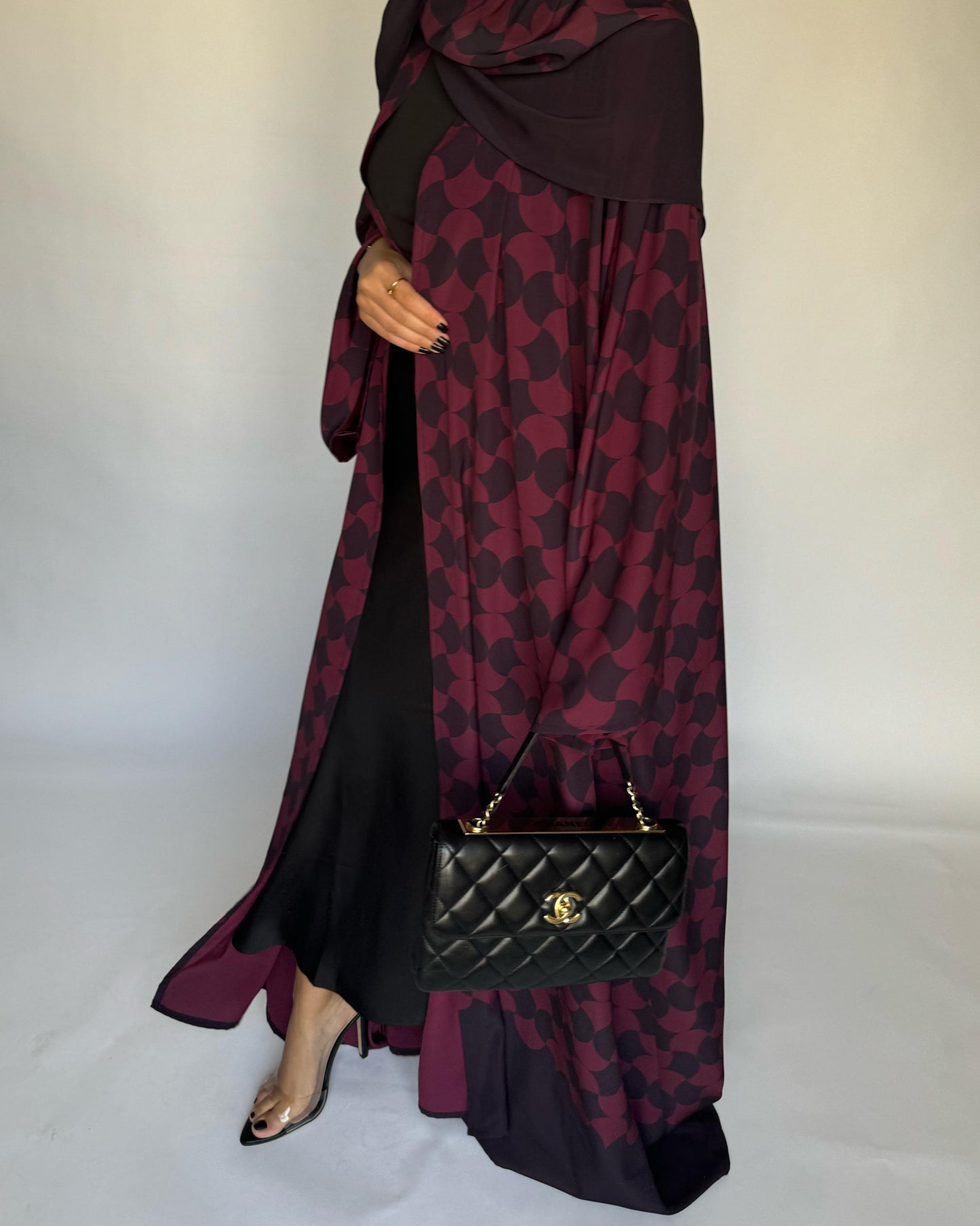 A282 - Shades of Burgundy/ Maroon Half Bisht Pattern Abaya & Matching Head Scarf