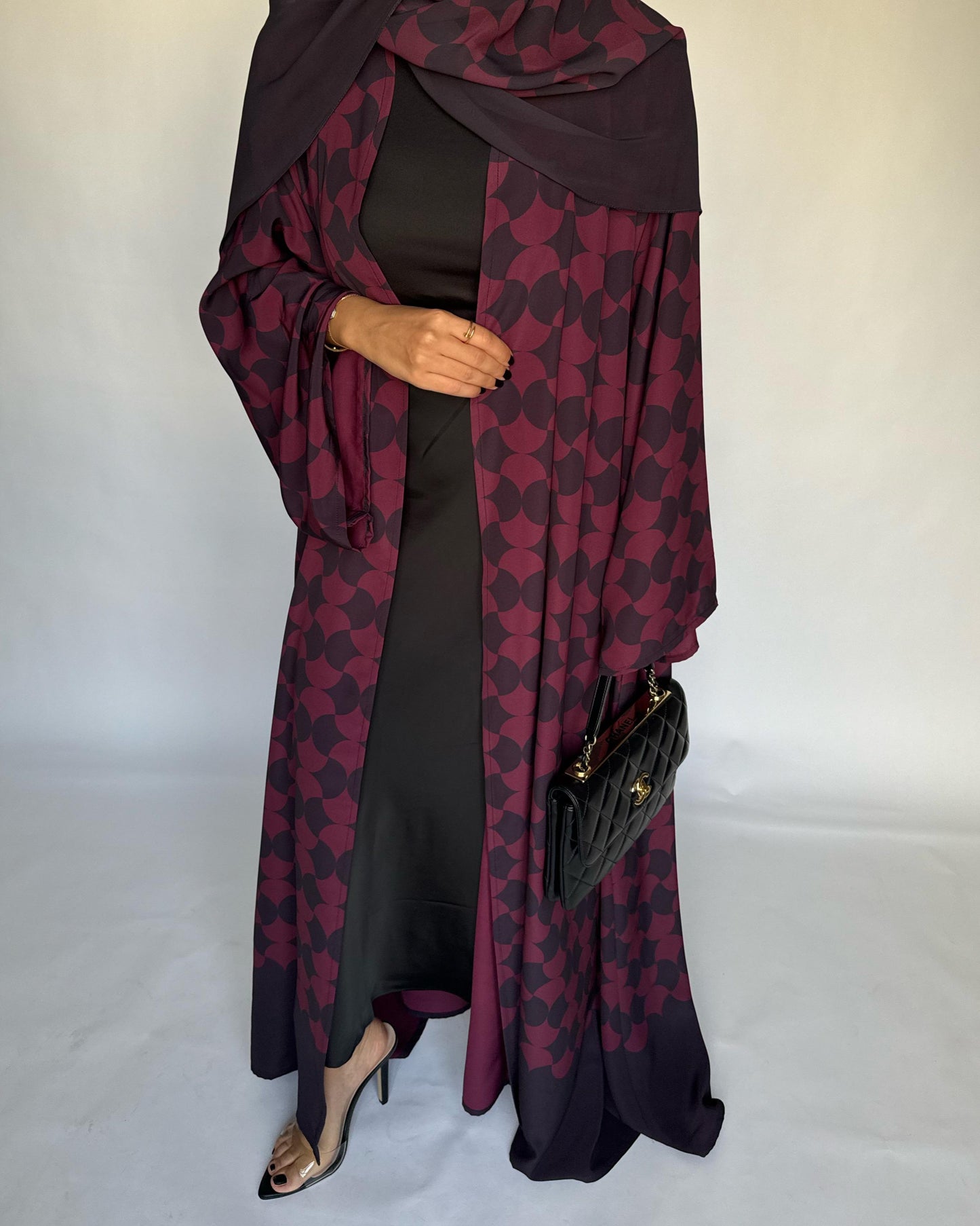 A282 - Shades of Burgundy/ Maroon Half Bisht Pattern Abaya & Matching Head Scarf