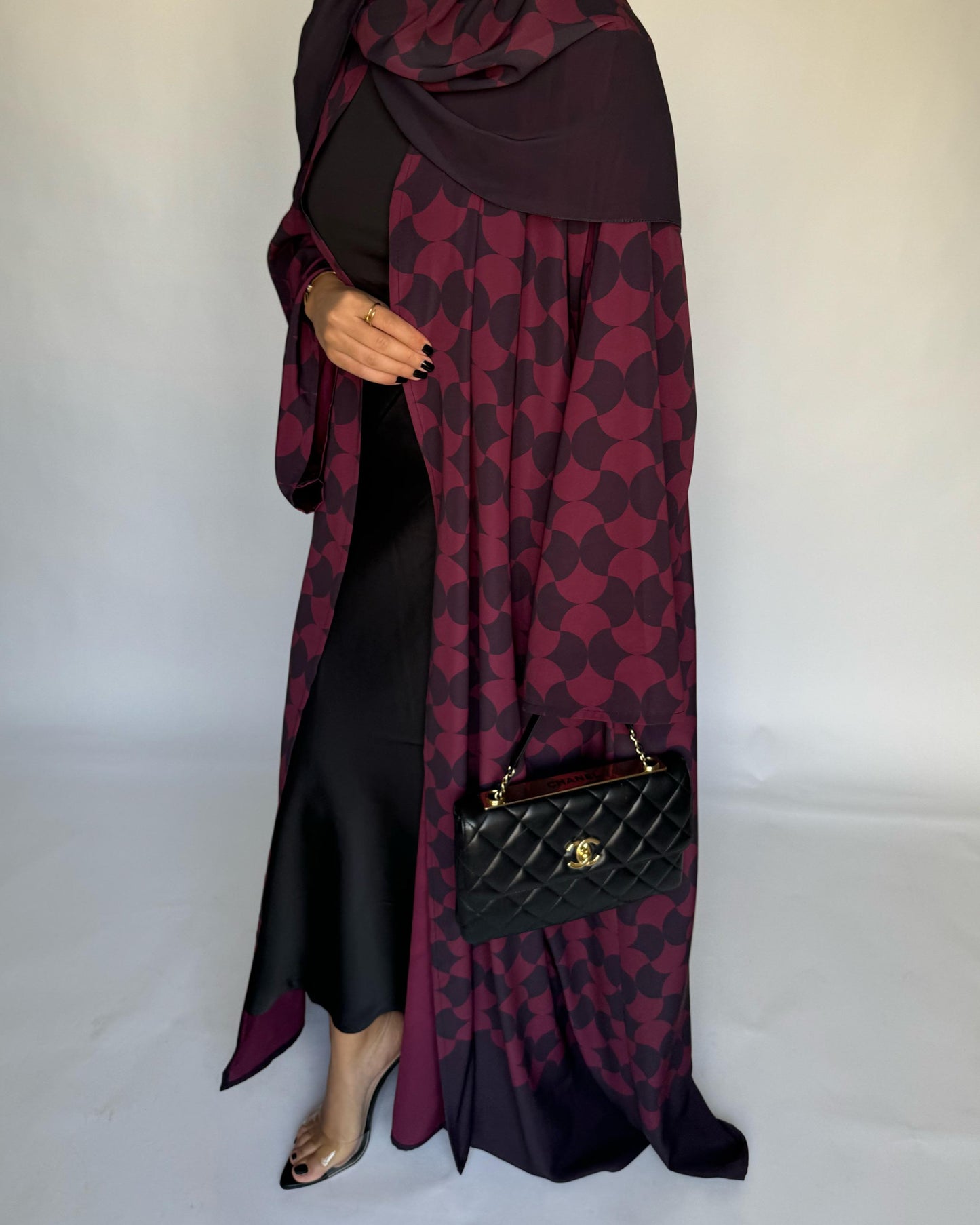 A282 - Shades of Burgundy/ Maroon Half Bisht Pattern Abaya & Matching Head Scarf