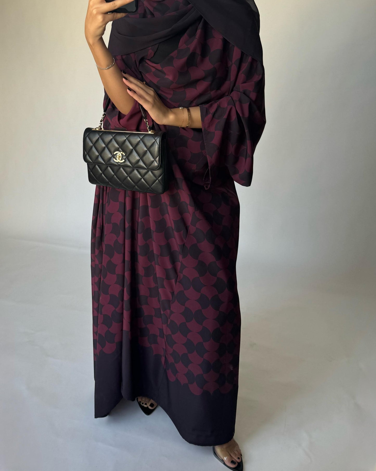 A282 - Shades of Burgundy/ Maroon Half Bisht Pattern Abaya & Matching Head Scarf