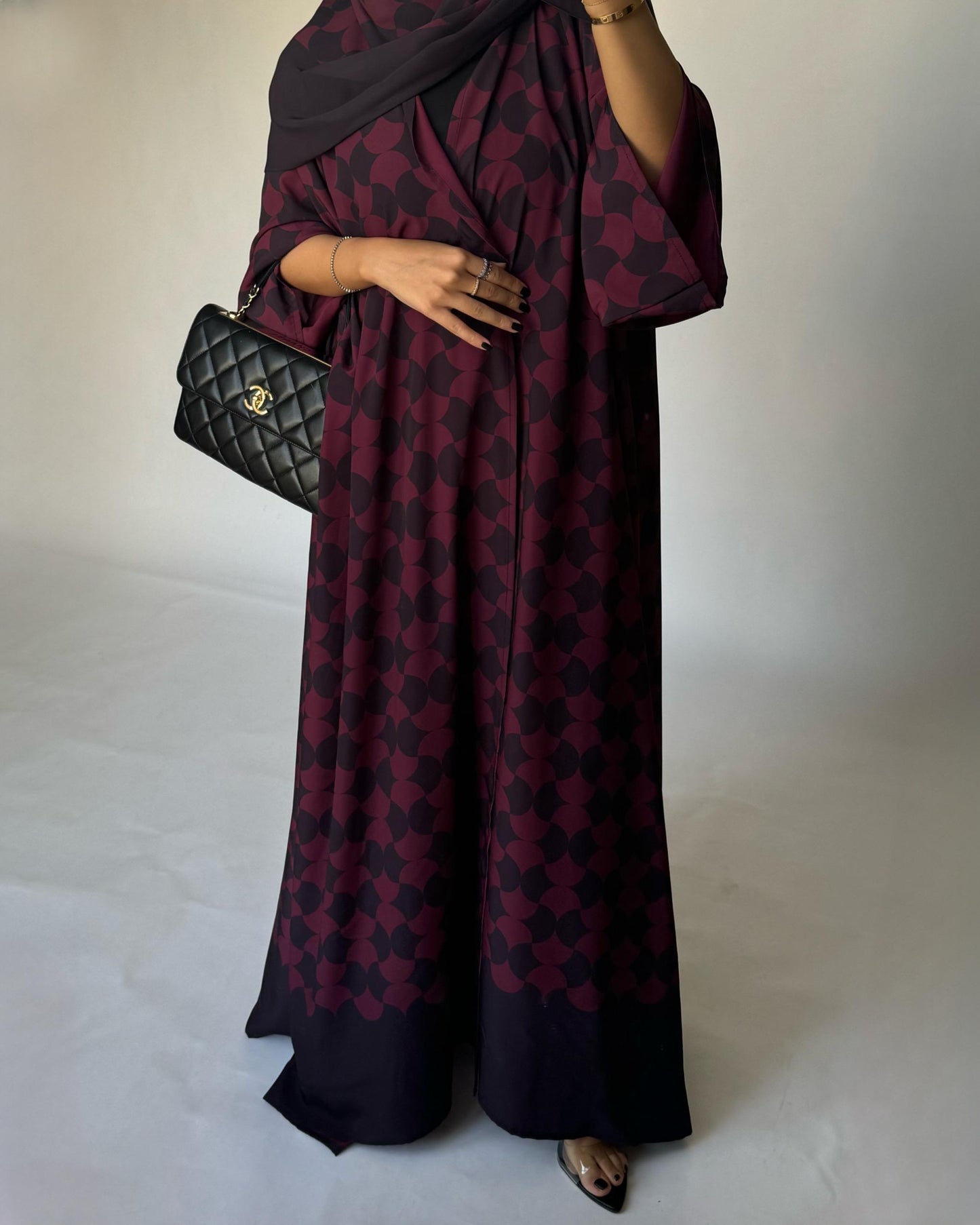 A282 - Shades of Burgundy/ Maroon Half Bisht Pattern Abaya & Matching Head Scarf