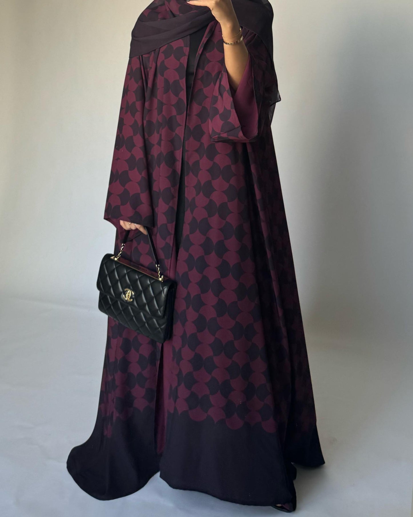 A282 - Shades of Burgundy/ Maroon Half Bisht Pattern Abaya & Matching Head Scarf